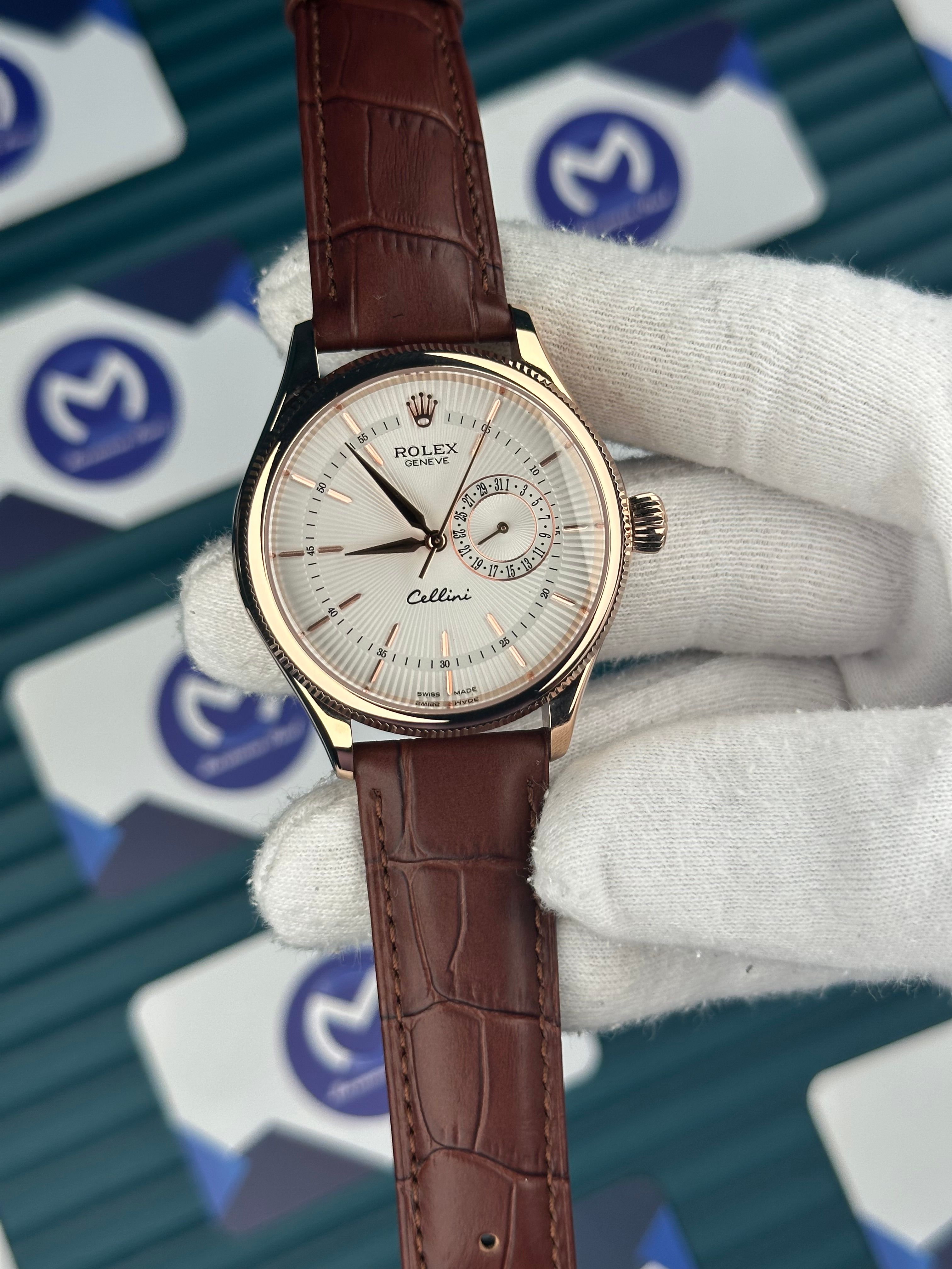 Rolex Cellini Rose Kasa Fonksiyonlu Beyaz Kadran Kahverengi Deri Kordon