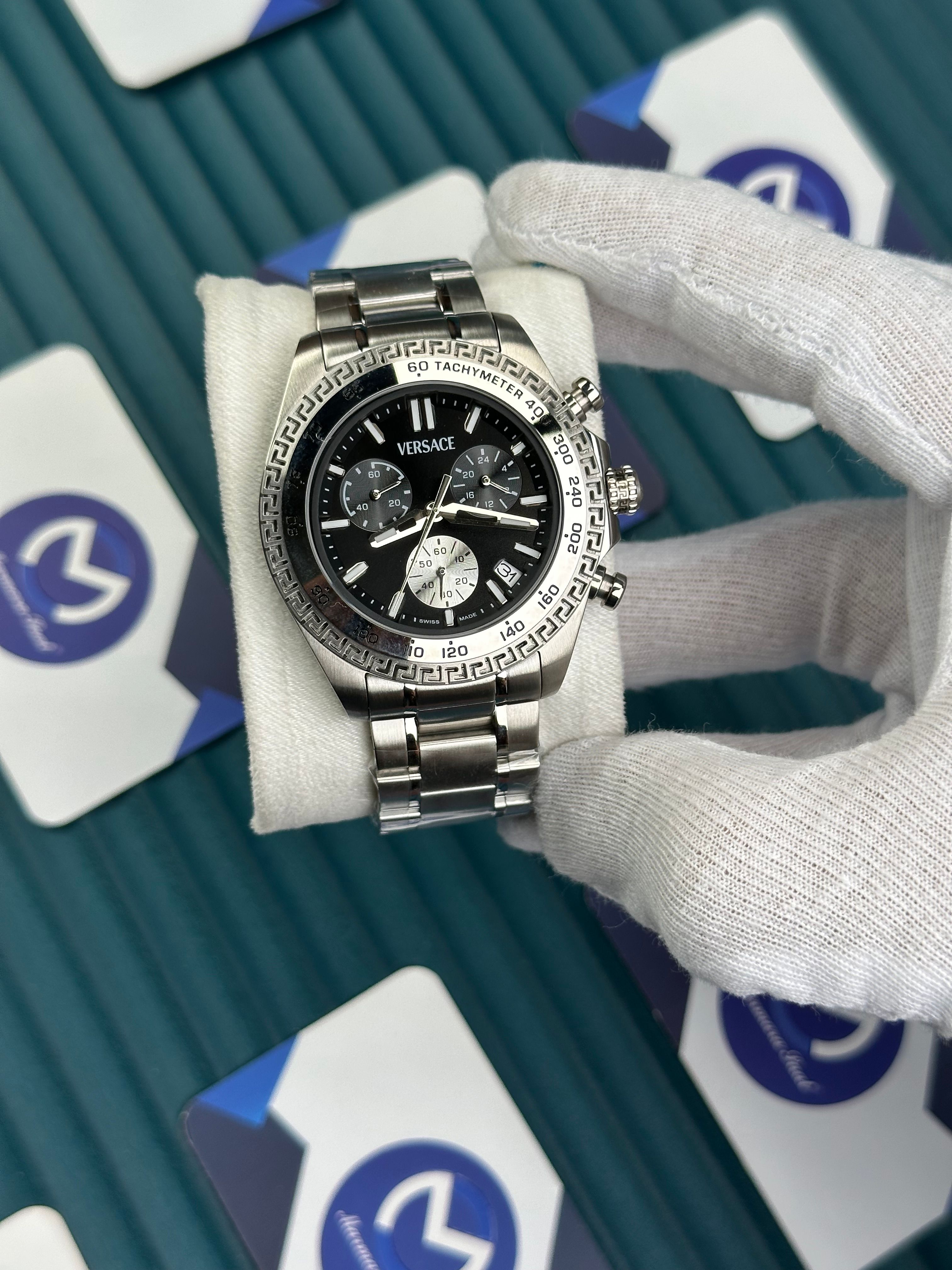 VERSACE BLACK DIAL CHRONOMOMETER SILVER BEZEL AND CORD NEW SEASON