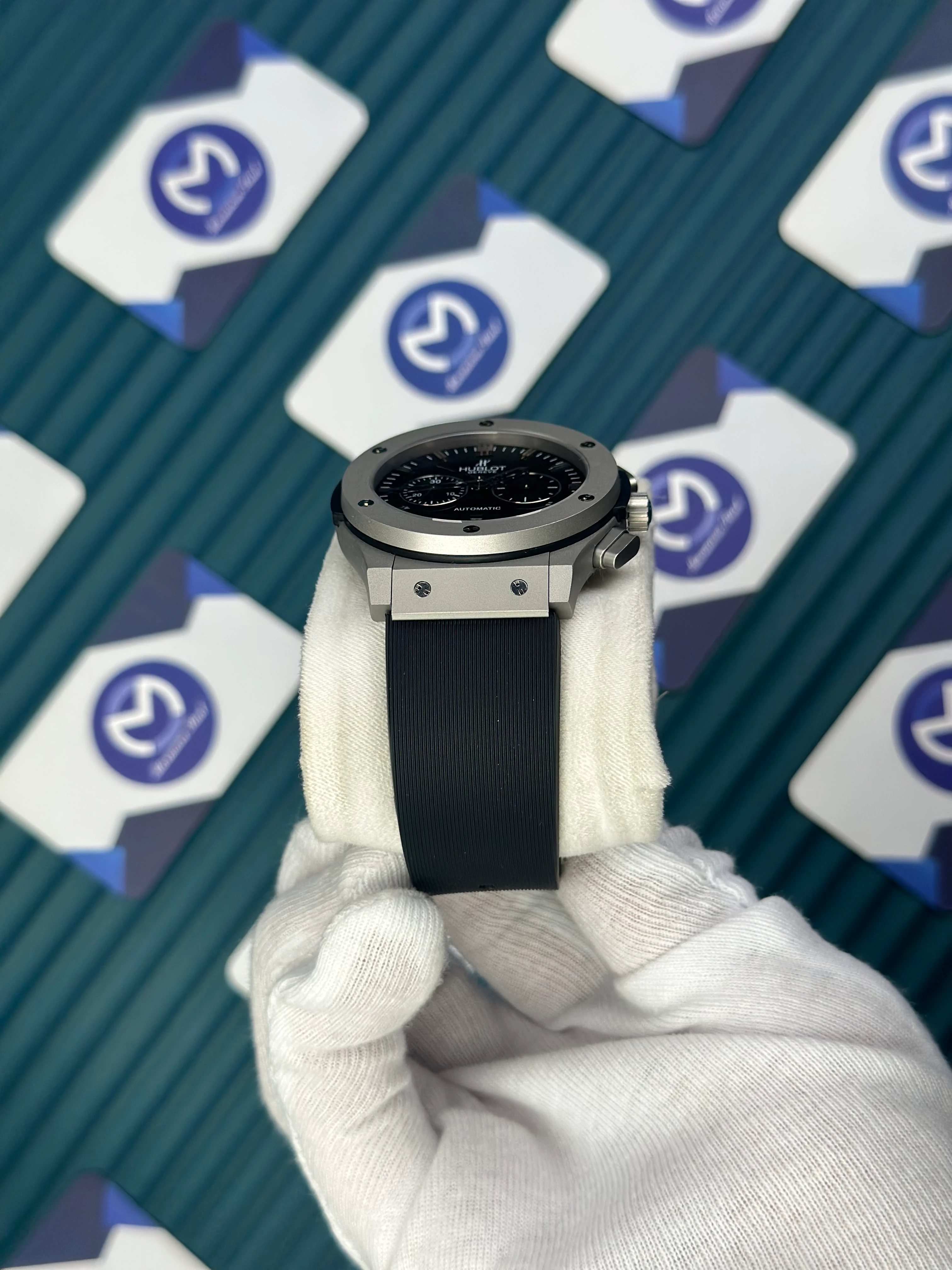 HUBLOT AUTOMATIC CLASIC VENDOME FUSHION BLACK DIAL CHRONOGRAP GREY CASE BLACK RUBBER