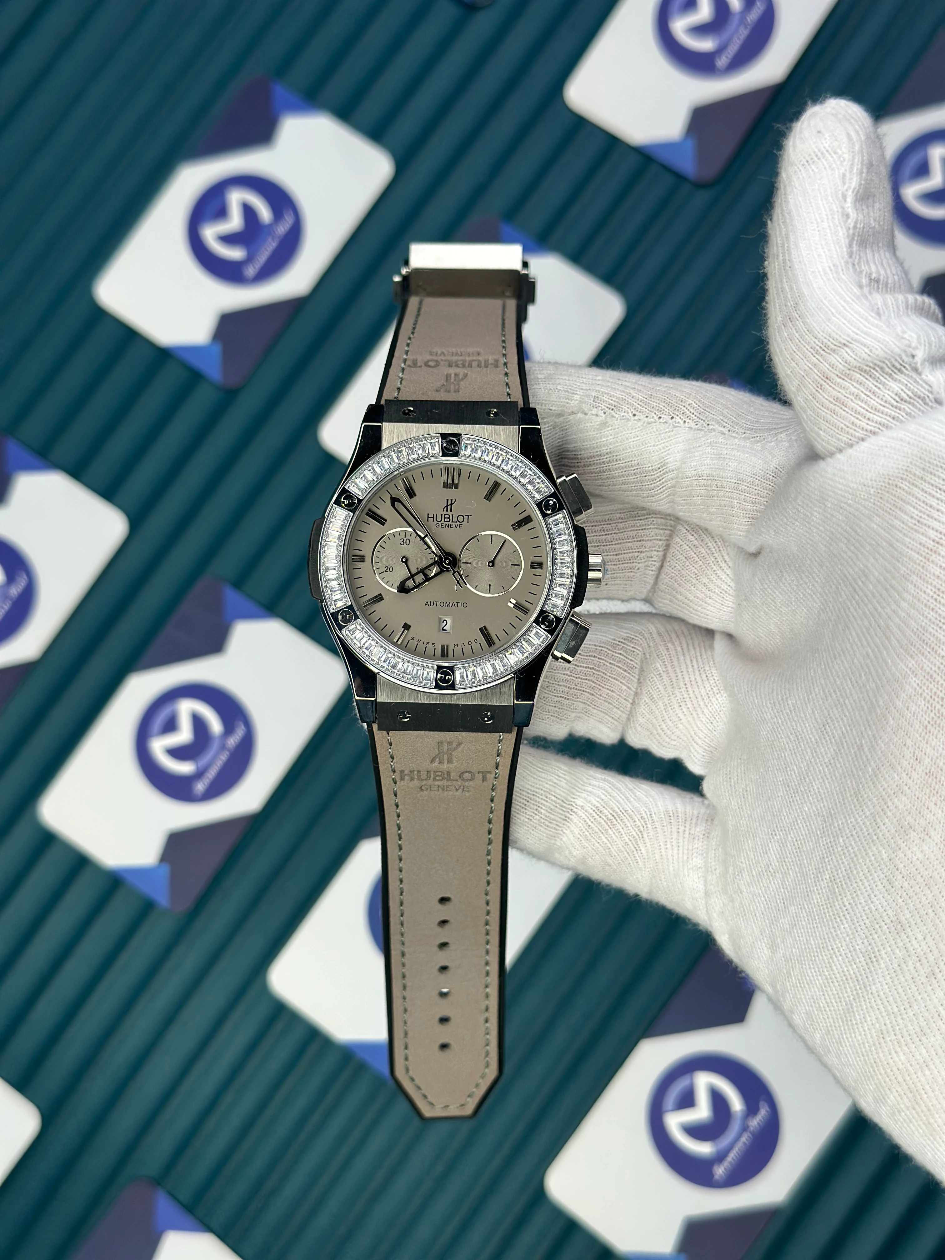 HUBLOT AUTOMATIC CREAM CHRONOGRAPH DIAL DIAMOND BEZEL CREAM LEATHER CORD 