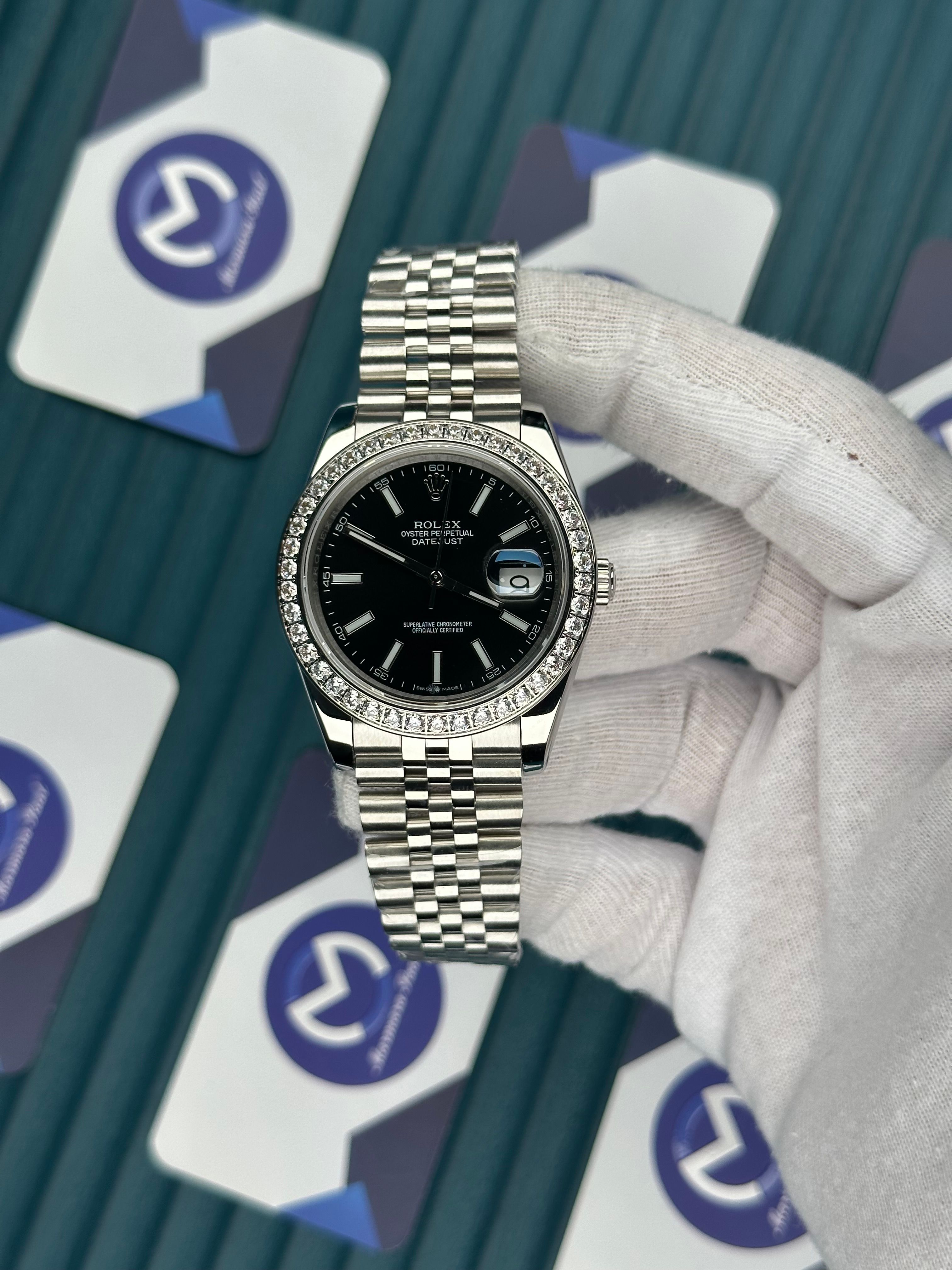 ROLEX DATEJUST BLACK DIAL DIAMOND BEZEL SILVER JUBILE