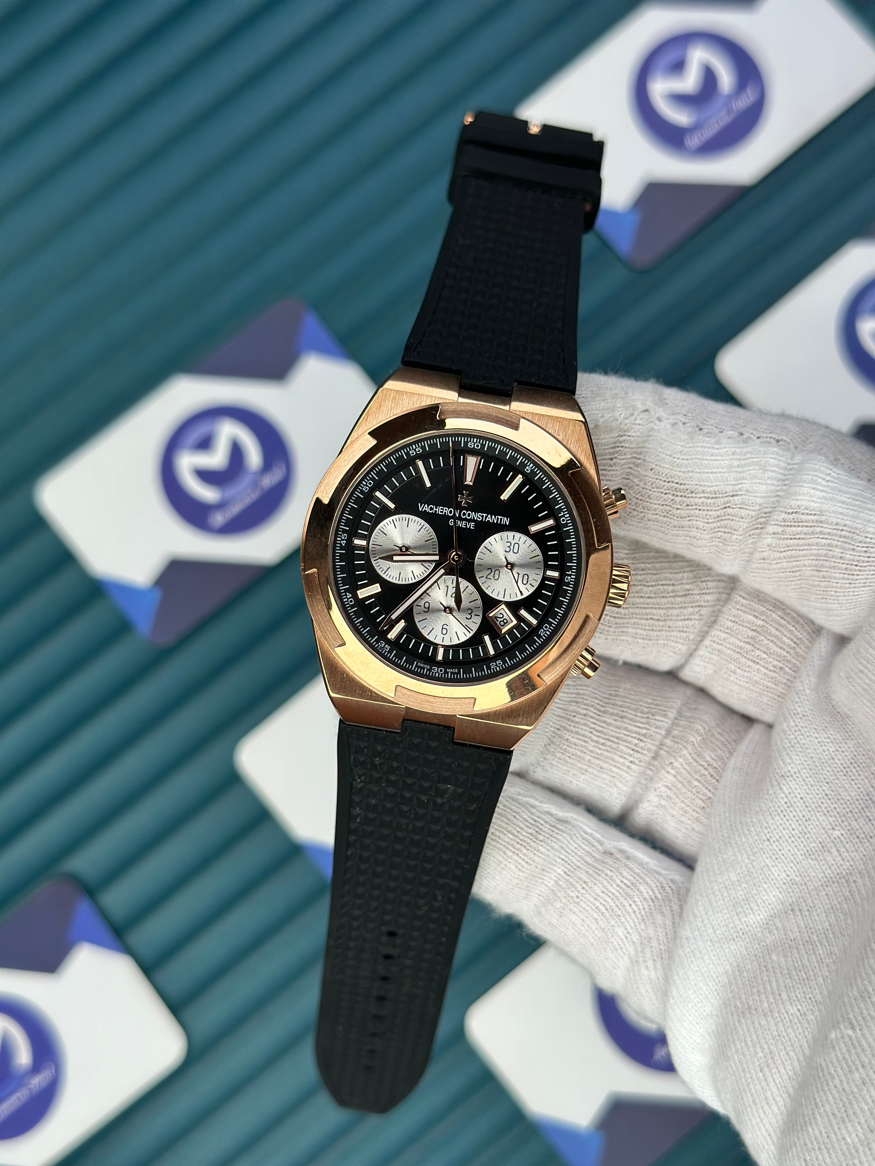 VACHERON CONSTANTIN BLACK DIAL ROSE CASE CHRONOGRAPH BLACK RUBBER