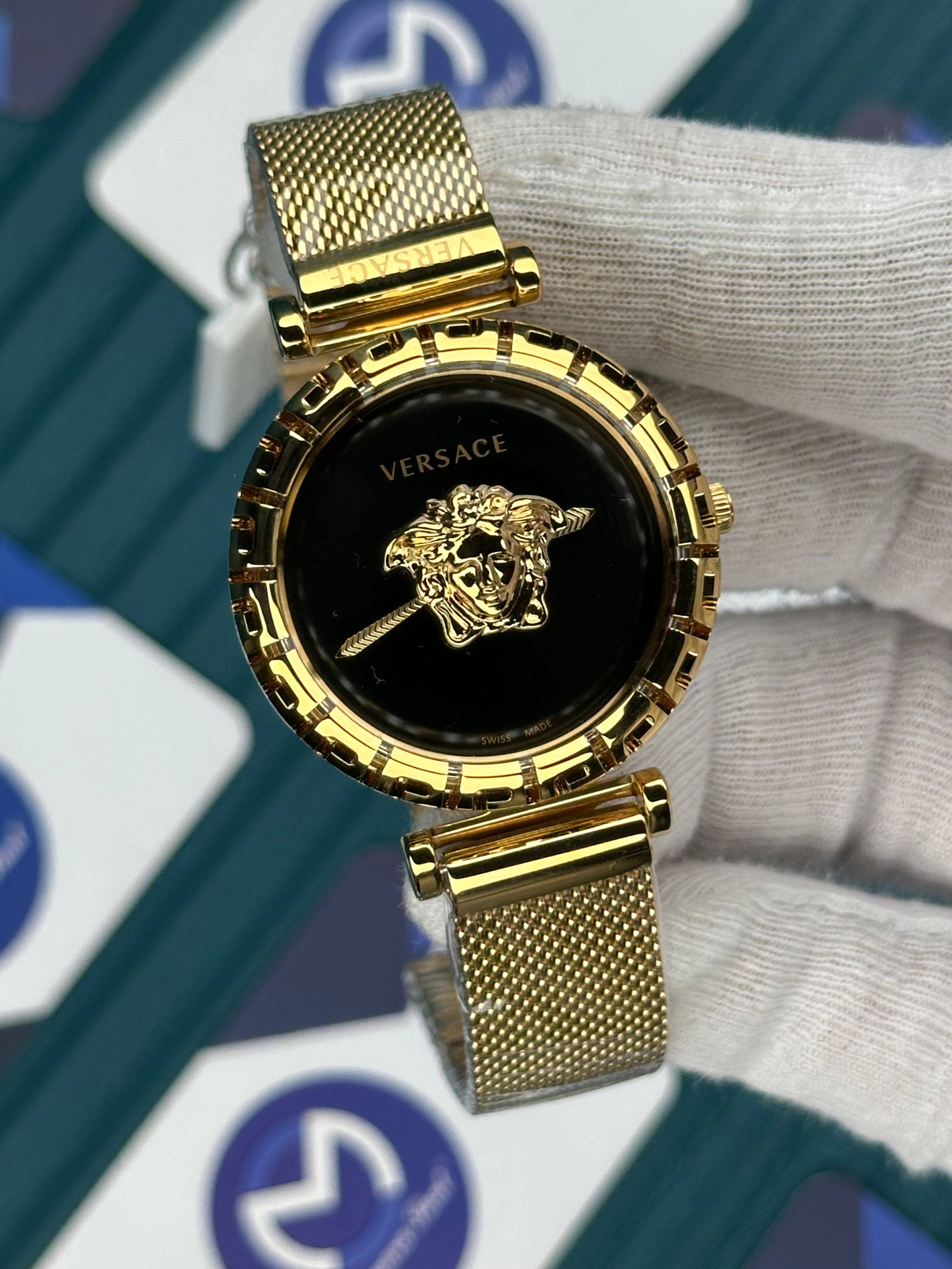 VERSACE 36 BLACK 3D DIAL GOLD BRACELET
