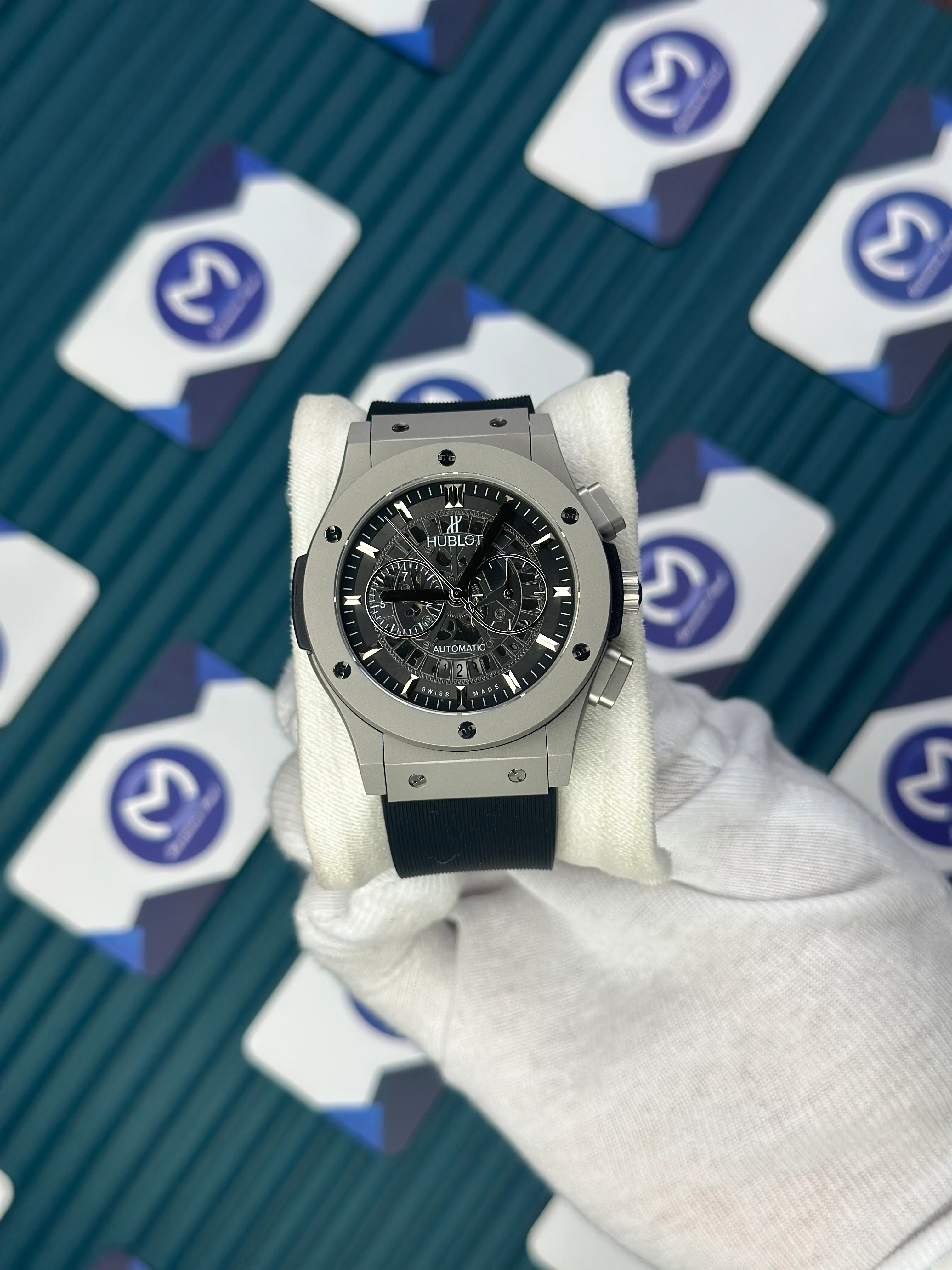 HUBLOT AUTOMATIC VENDOME SKELETON DIAL GREY CASE BLACK RUBBER