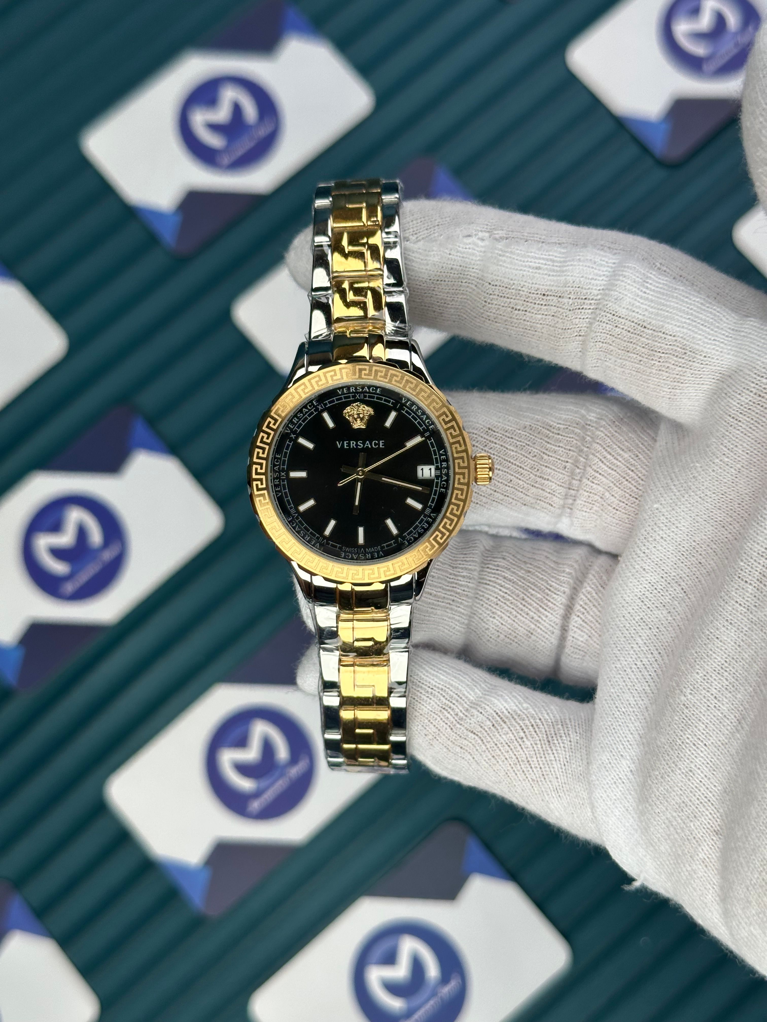 VERSACE 36 BLACK DIAL GOLD-SILVER CORD 
