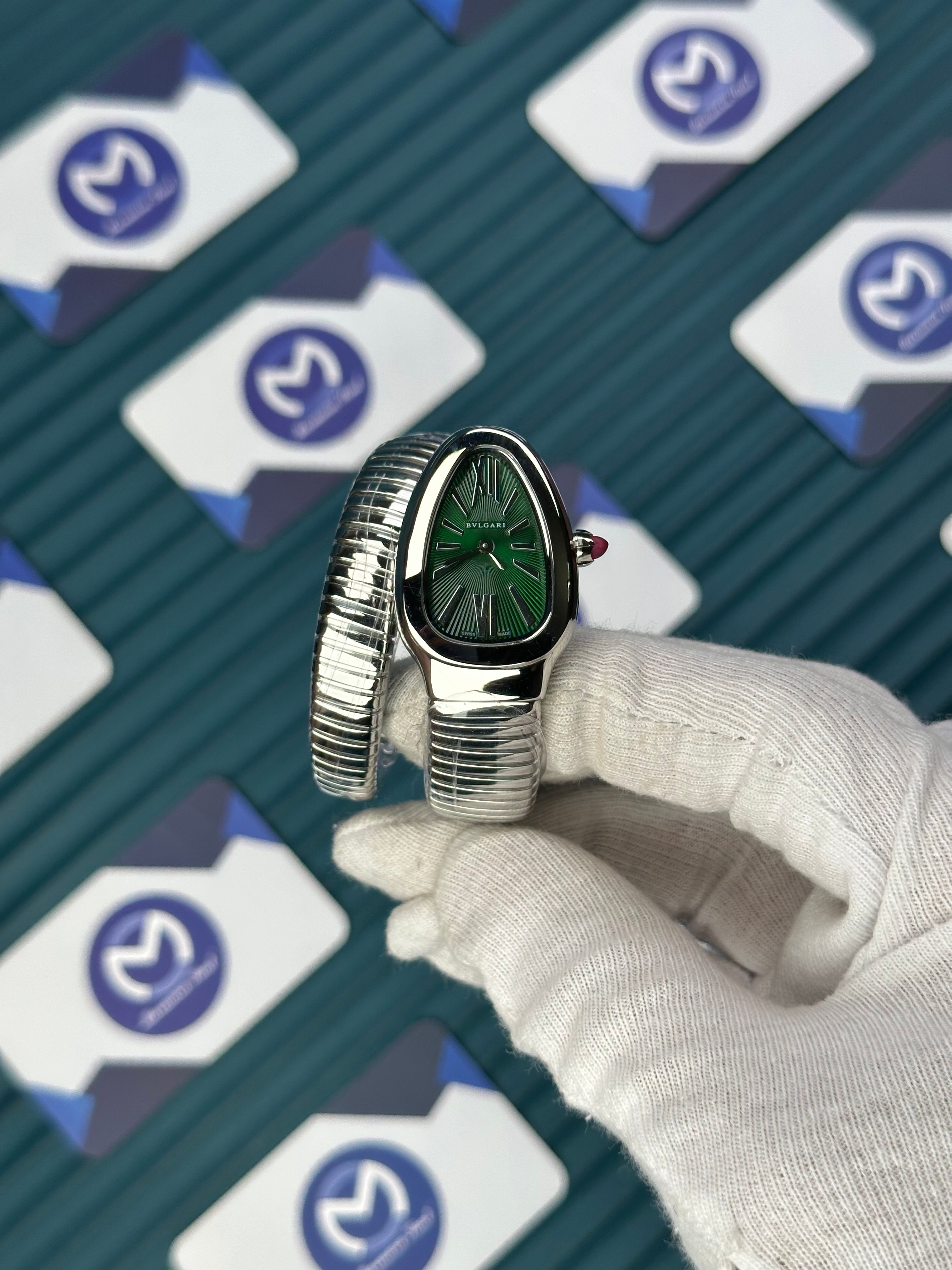 BVLGARI SERPENTI GREEN DIAL SILVER SHORT TUBOGAS