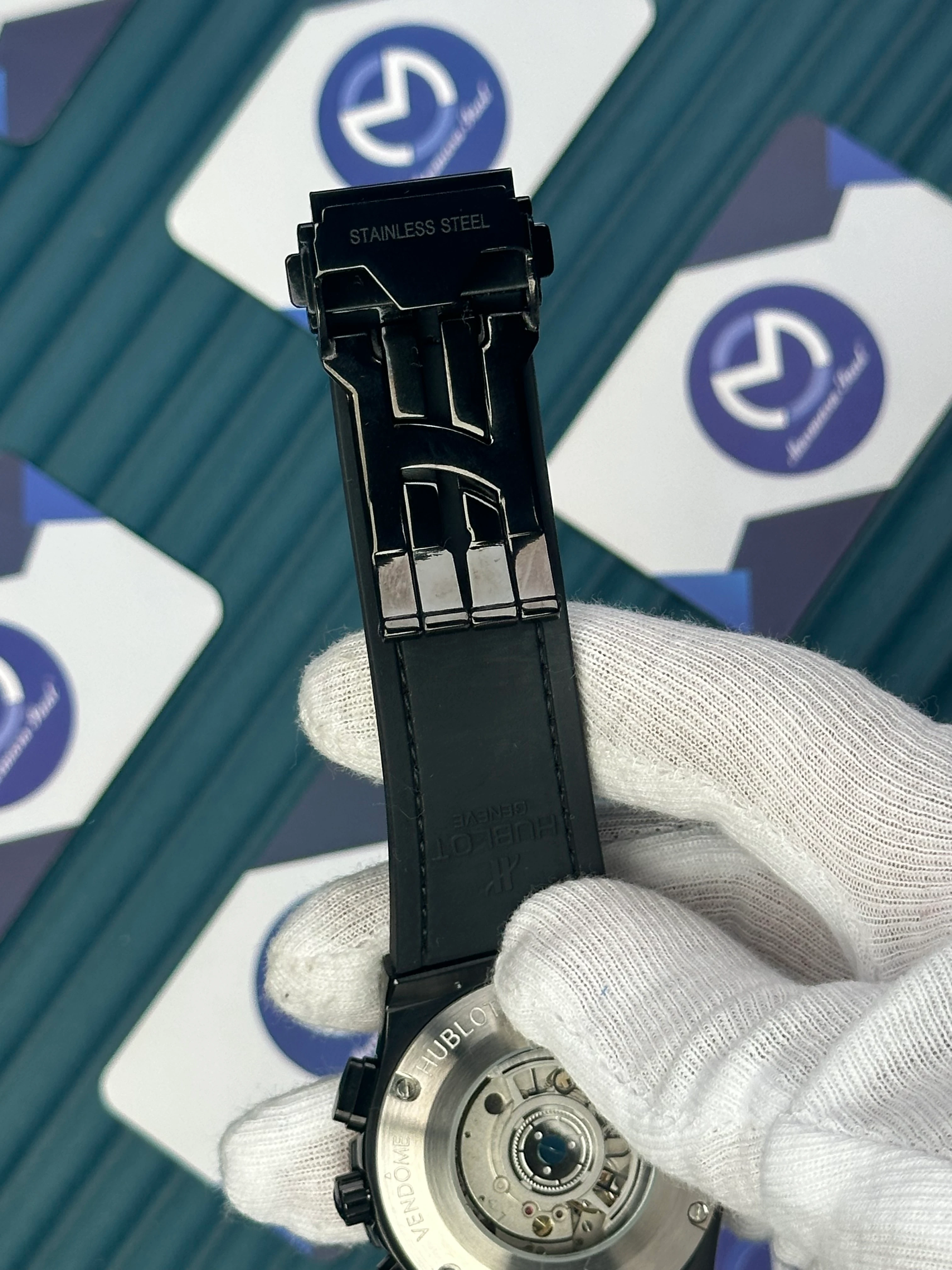 HUBLOT AUTOMATIC SKELETON DIAL ROSE BEZEL BLACK CASE BROWN LEATHER CORD 