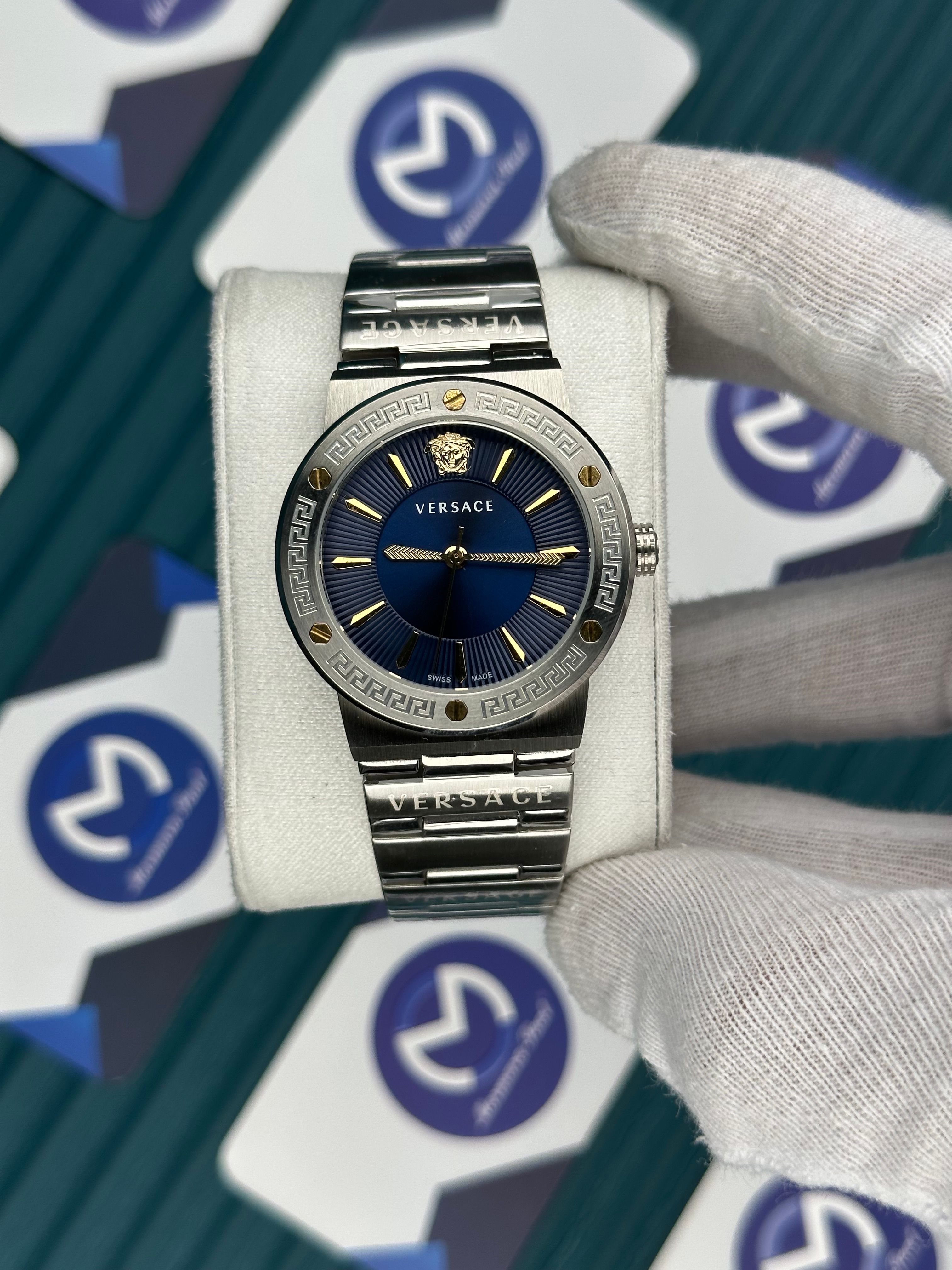 VERSACE 36 BLUE DIAL GOLD INDEX SILVER CORD
