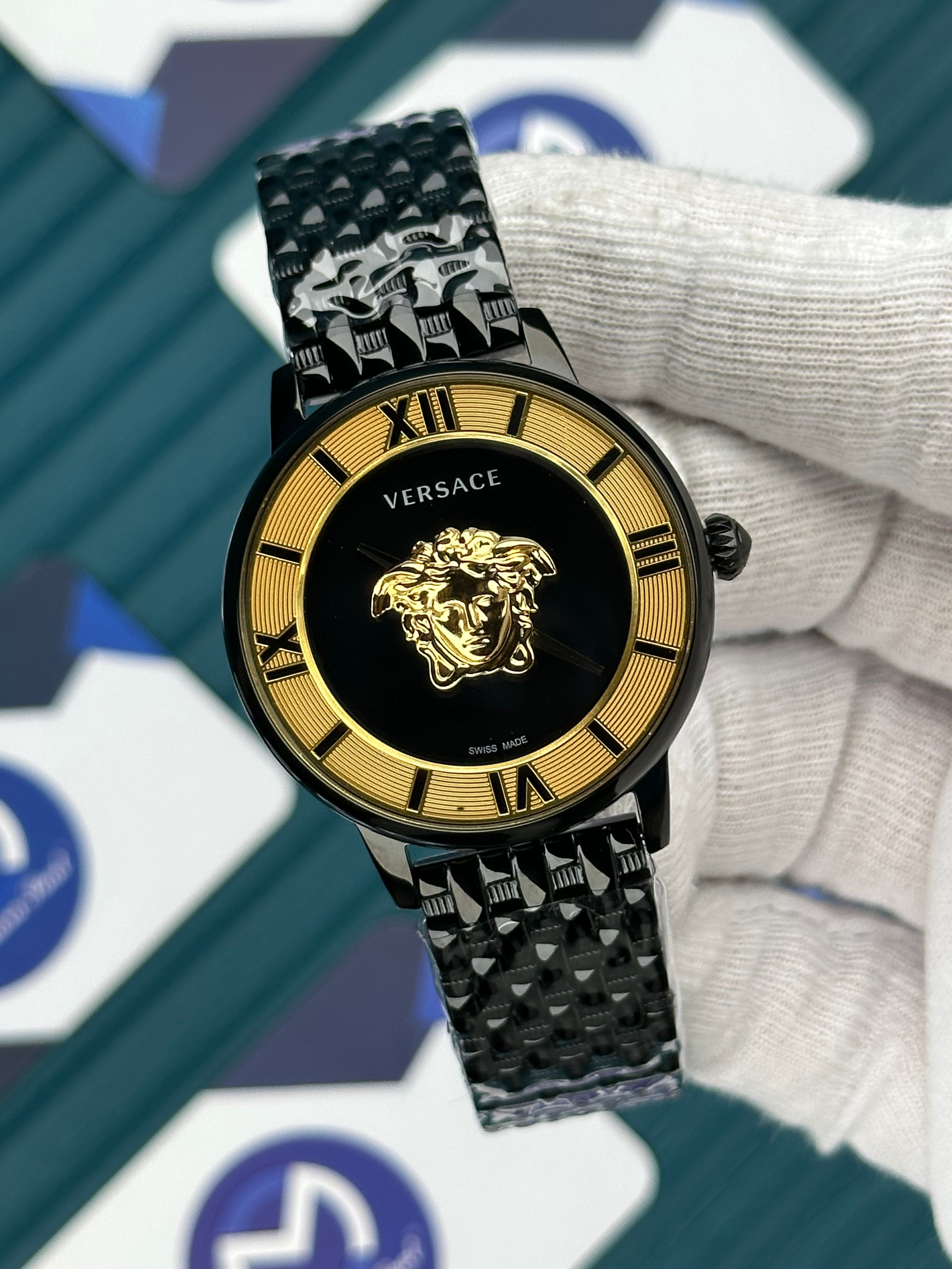 VERSACE 36 GOLD BLACK DIAL 3D BLACK JUBILE
