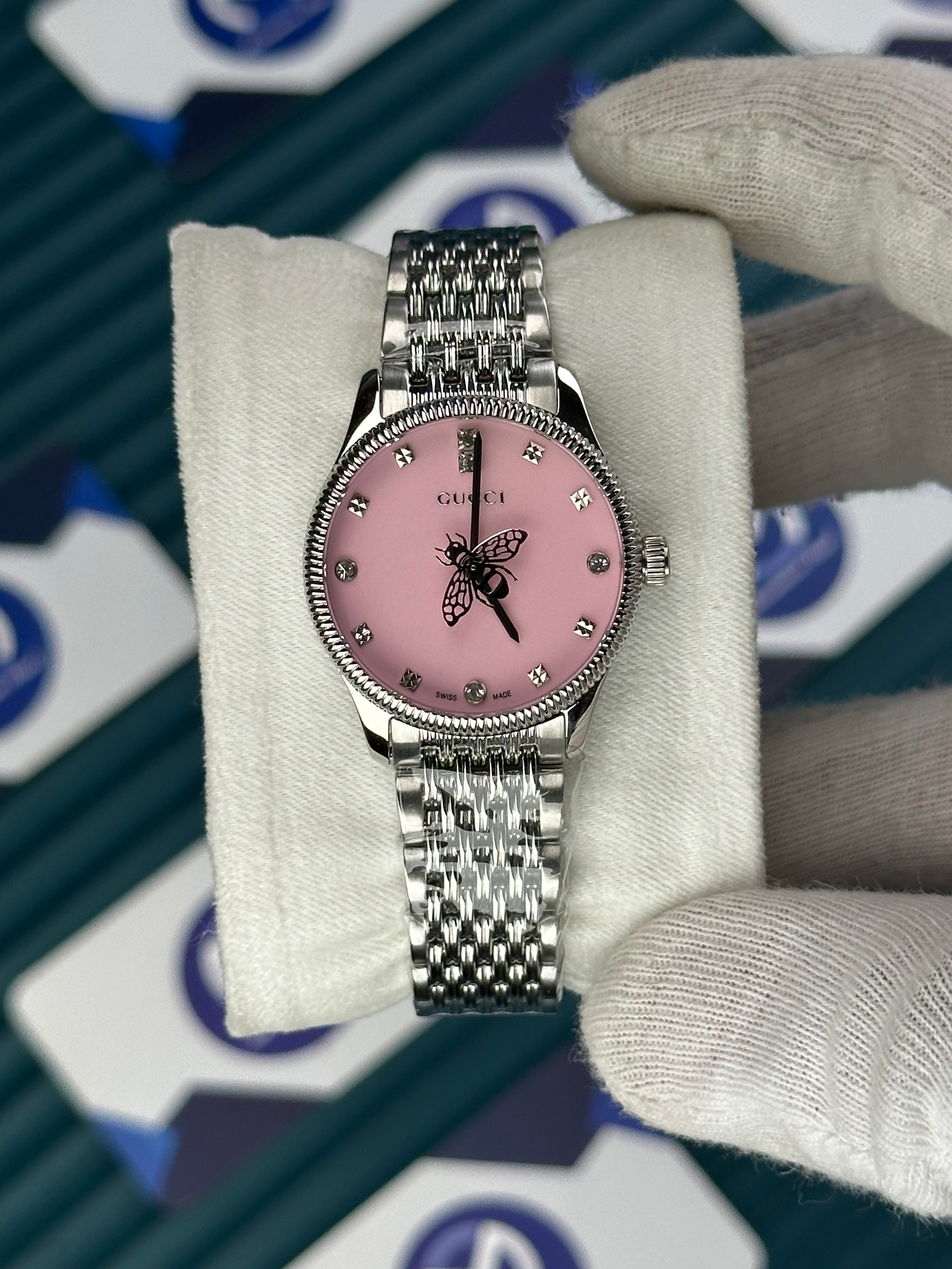 GUCCI PINK DIAL SPINNING BUTTERFLY SILVER