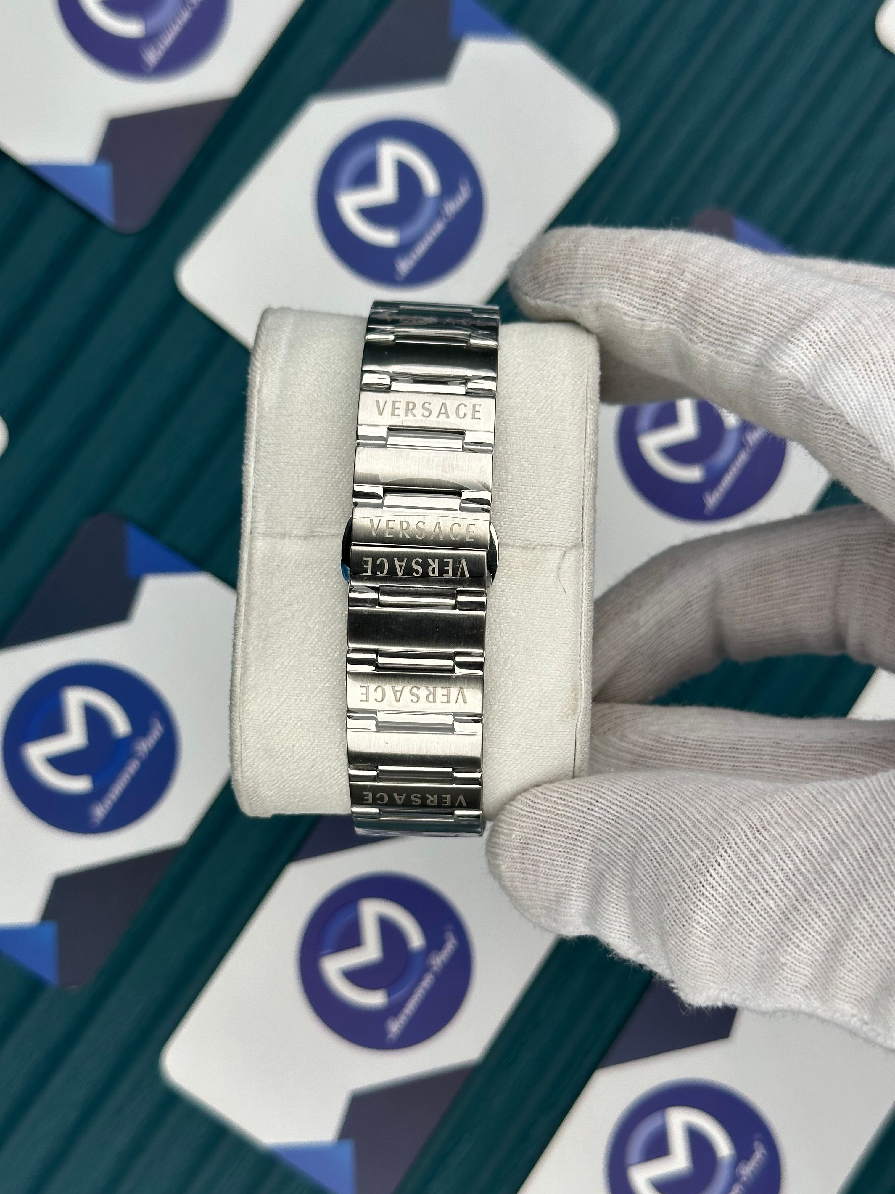 VERSACE 36 BLUE DIAL GOLD INDEX SILVER CORD