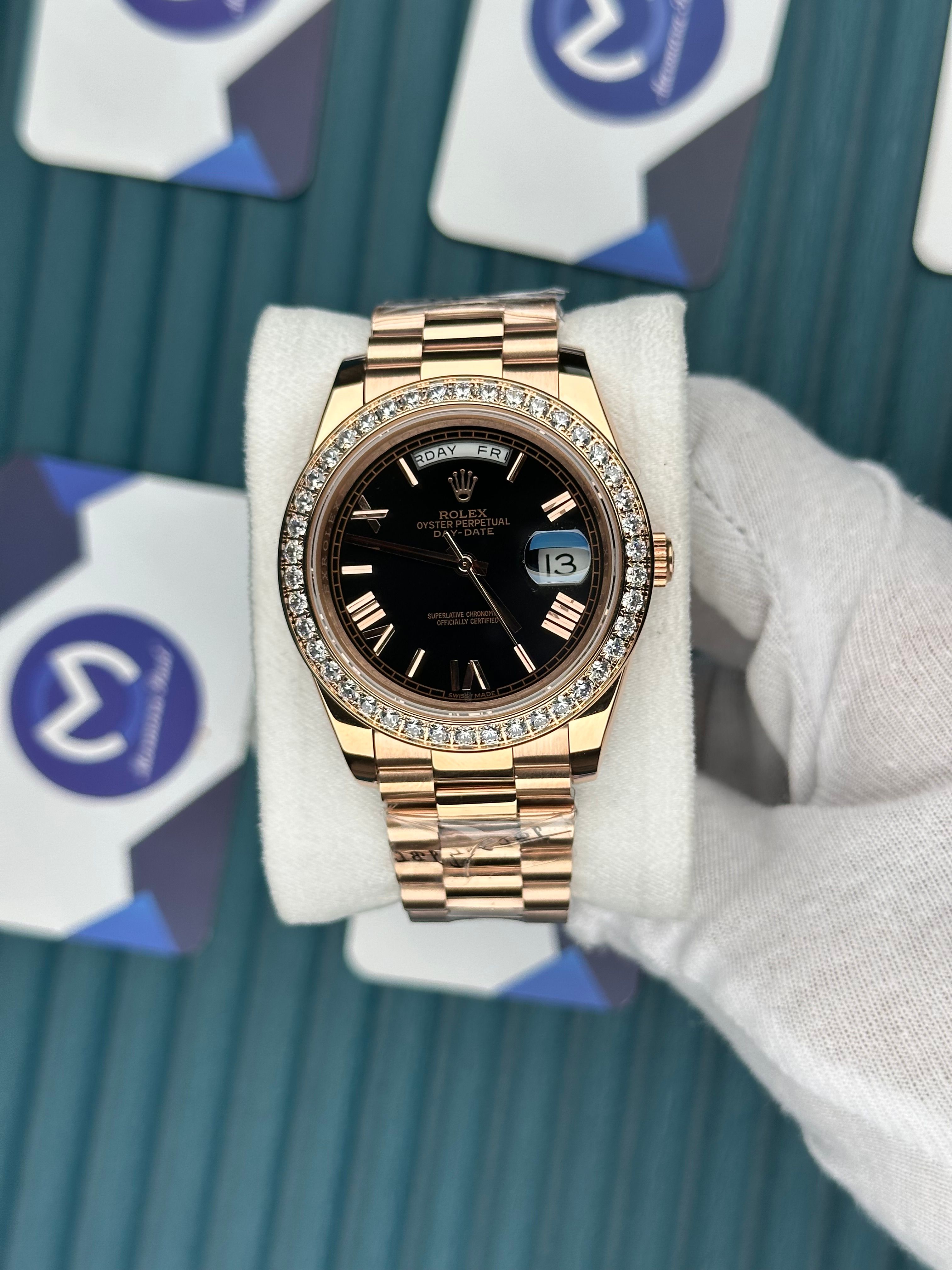 ROLEX DAY-DATE BROWN DIAL DIAMOND BEZEL ROSE PRESIDENT