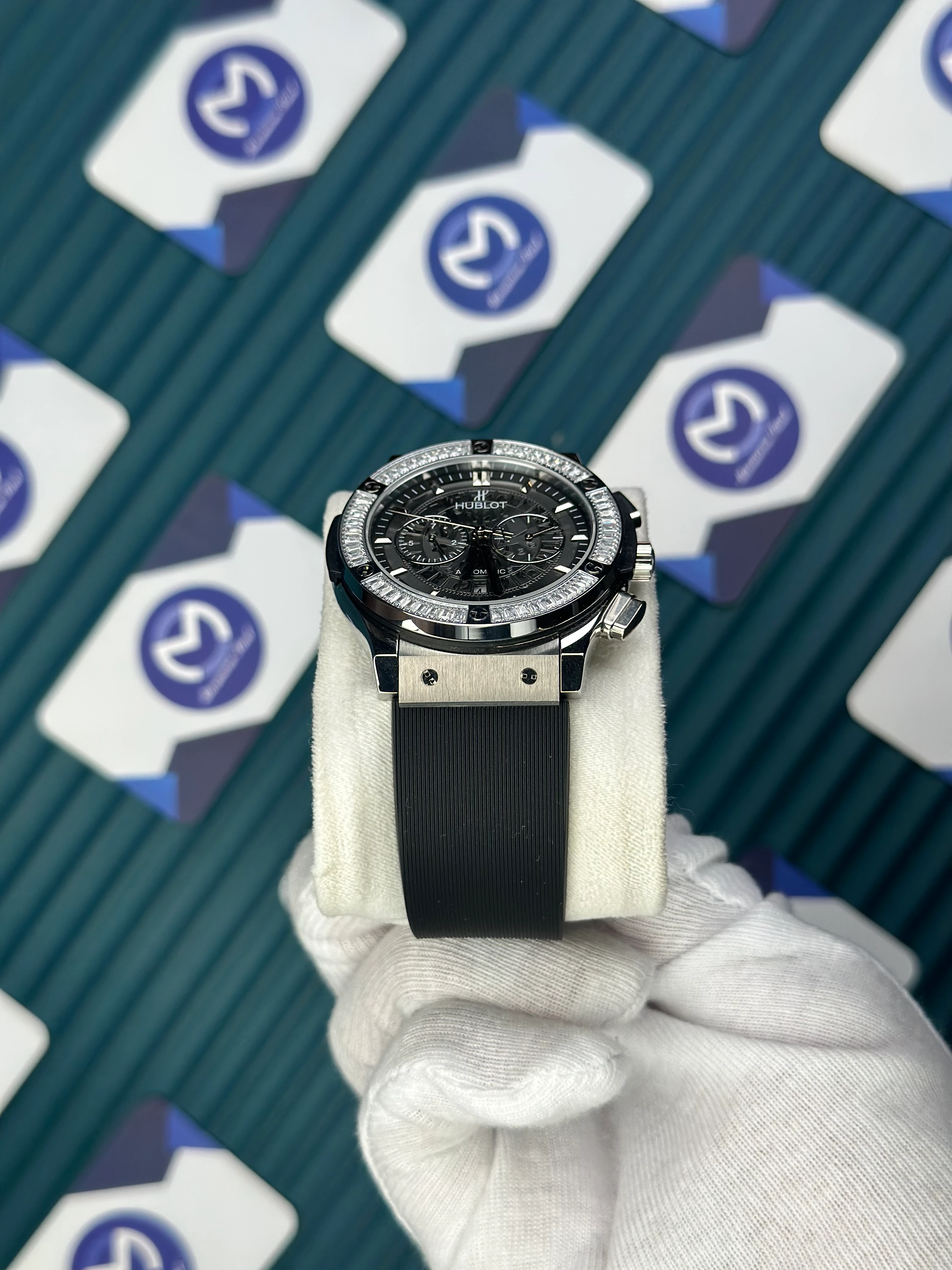 HUBLOT AUTOMATIC SKELETON DIAL DIAMOND BEZEL SILVER CASE BLACK RUBBER CORD 