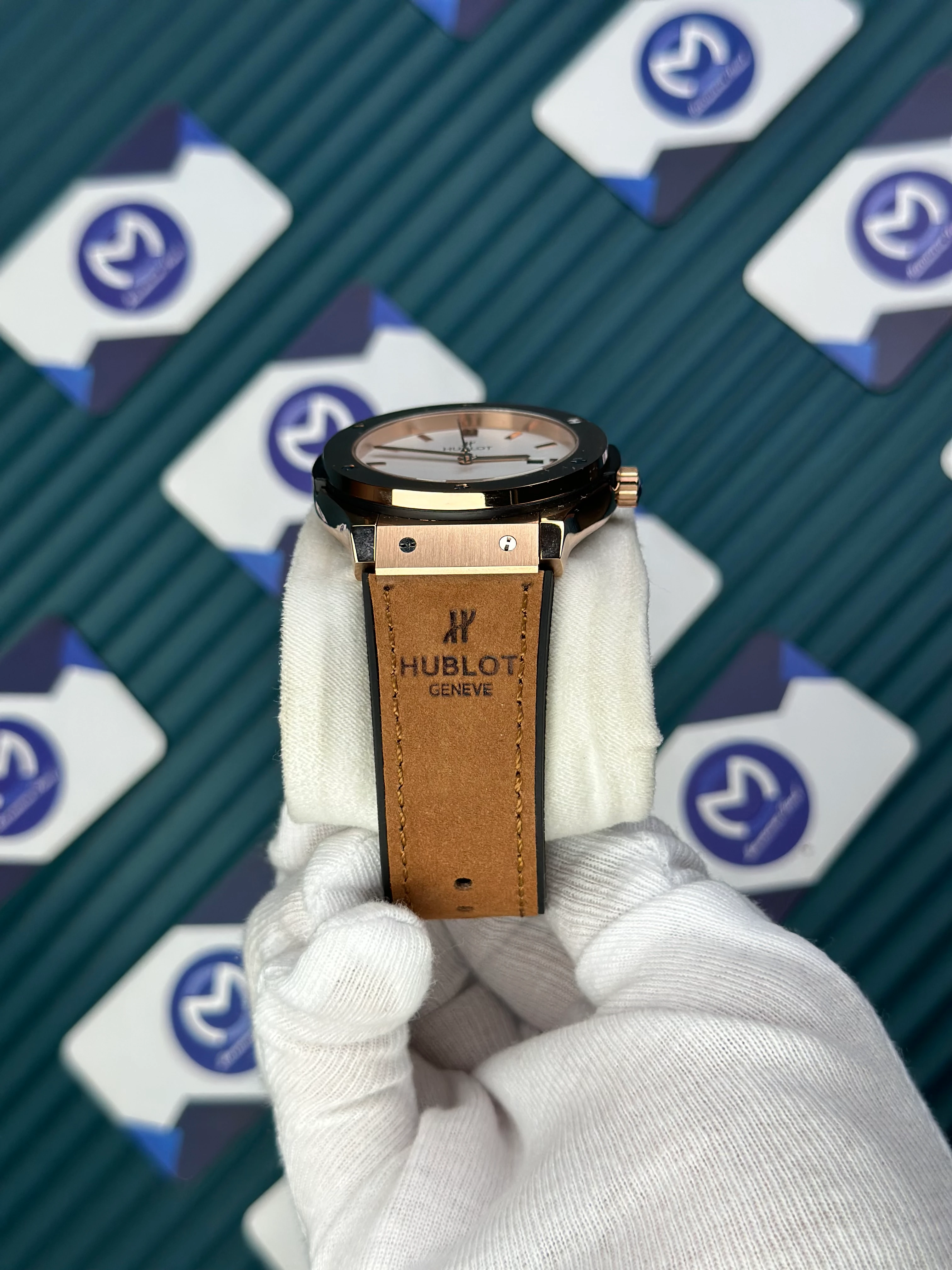 HUBLOT GENEVE AUTOMATIC VENDOME WHITE DIAL ROSE CASE BROWNT LEATHER CORD