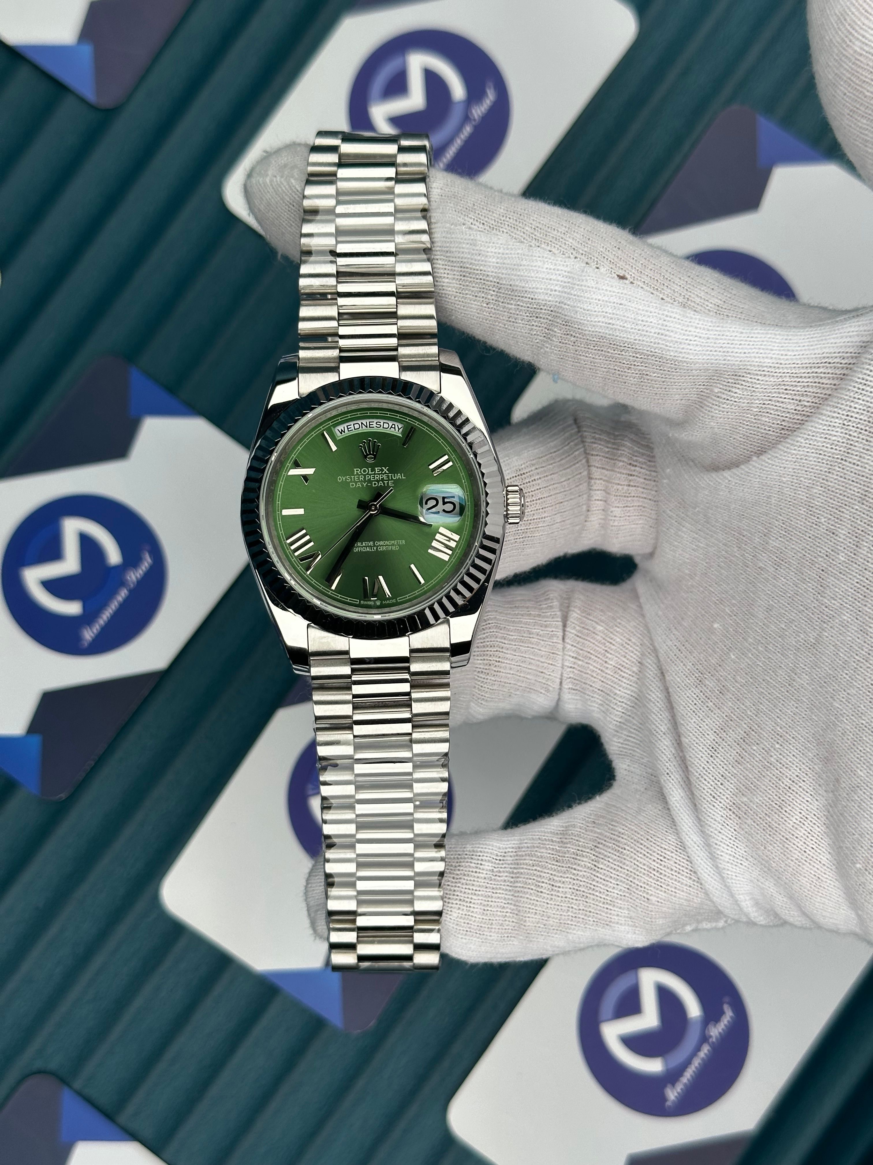 ROLEX DAY-DATE GREEN DIAL ROMA INDEX SILVER PRESIDENT