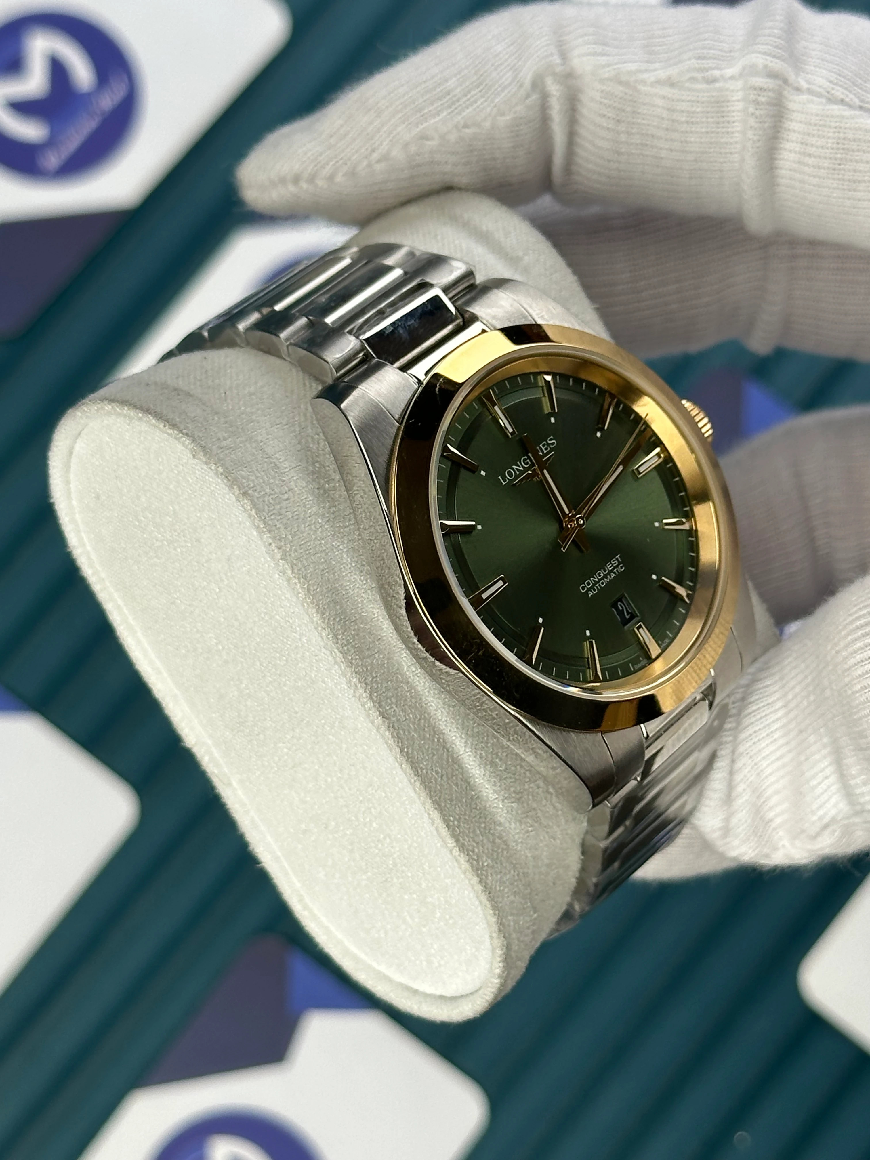 LONGINES CONQUEST AUTOMATIC GREEN DIAL GOLD BEZEL SILVER 