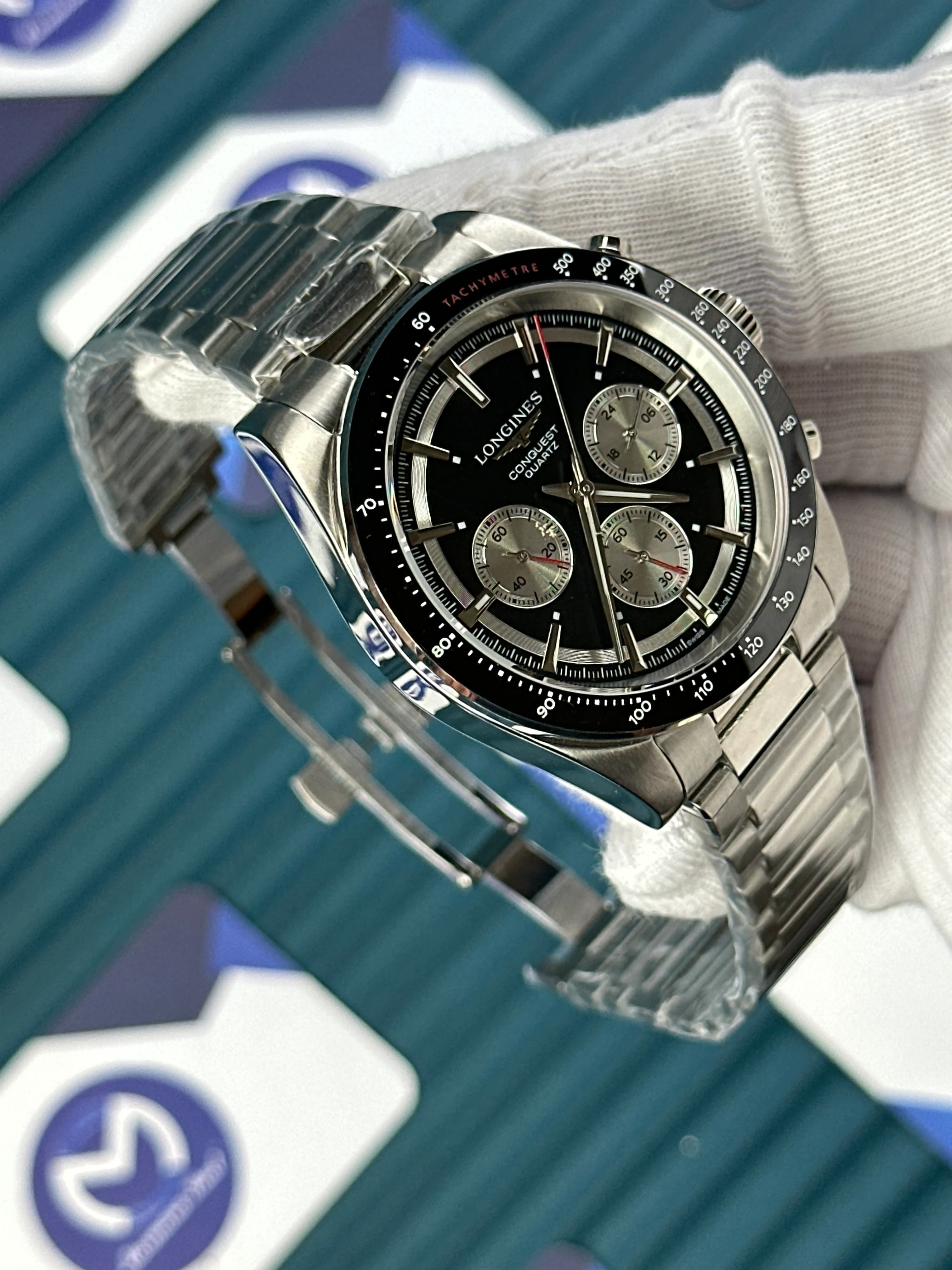 LONGINES CONQUEST CHRONOGRAPH AUTOMATIC BLACK DIAL SILVER 