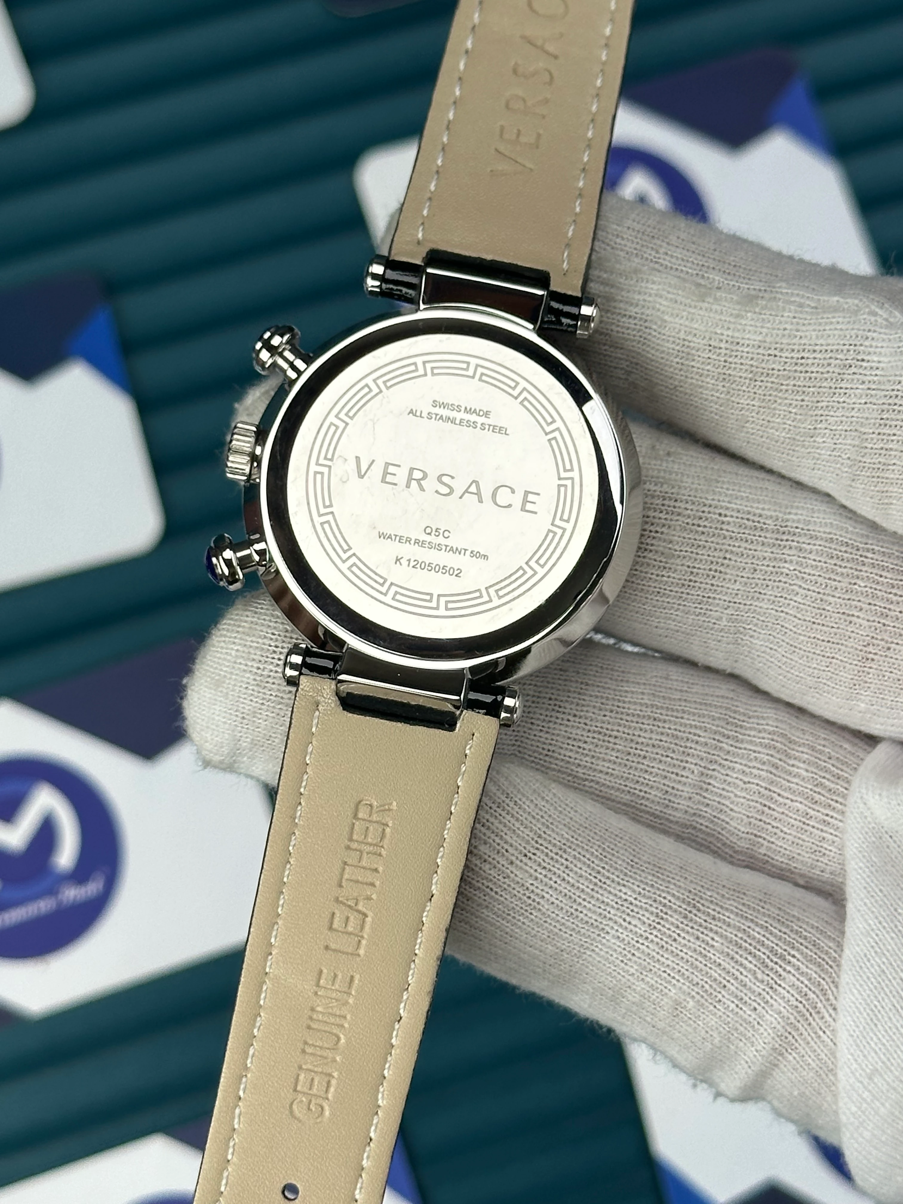 VERSACE 38 BLACK DIAL SILVER CASE DIAMOND BEZEL CHRONOGRAPH BLACK LEATHER CORD