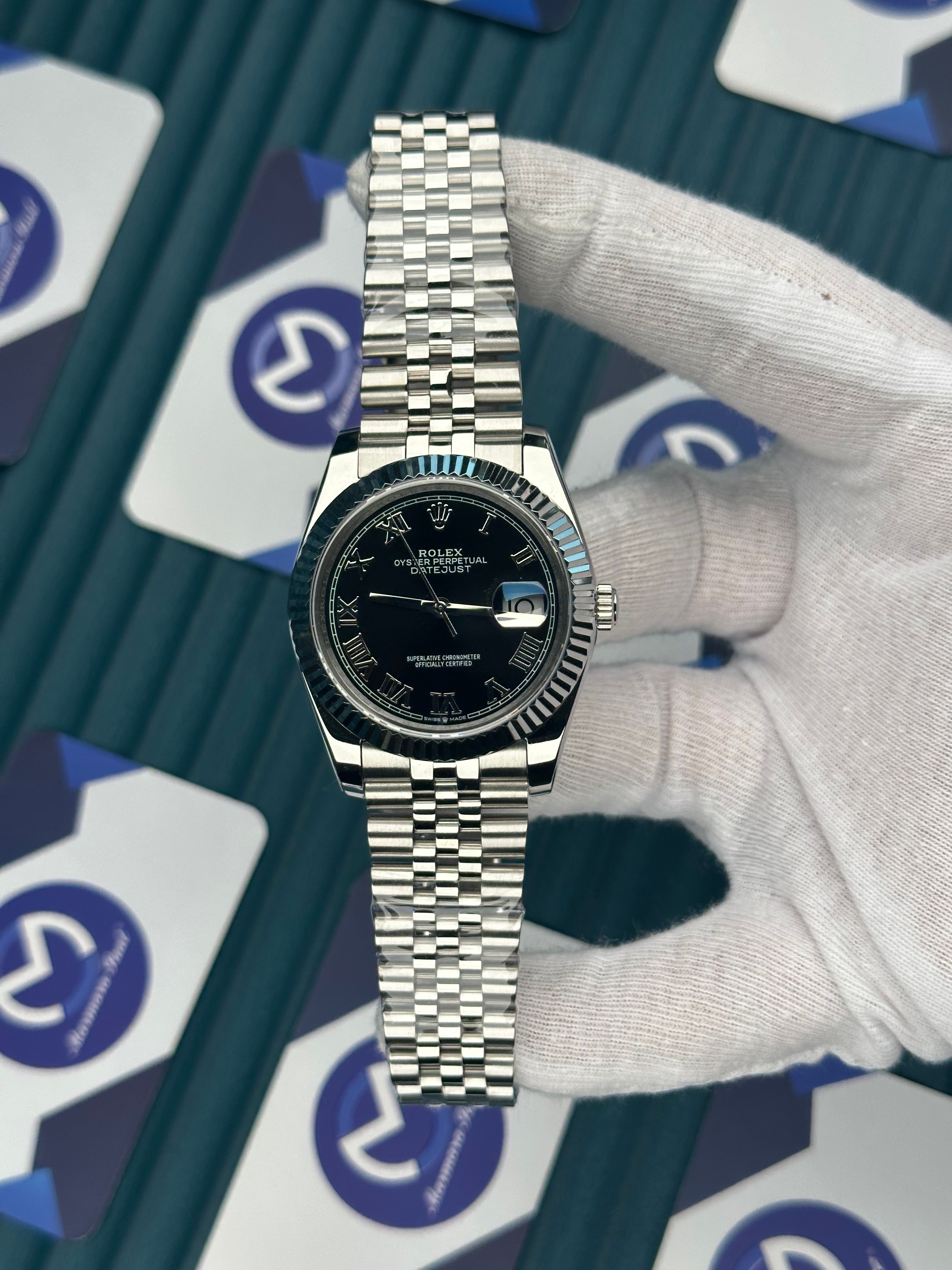 ROLEX DATEJUST BLACK DIAL ROMA SILVER INDEX SILVER JUBILE