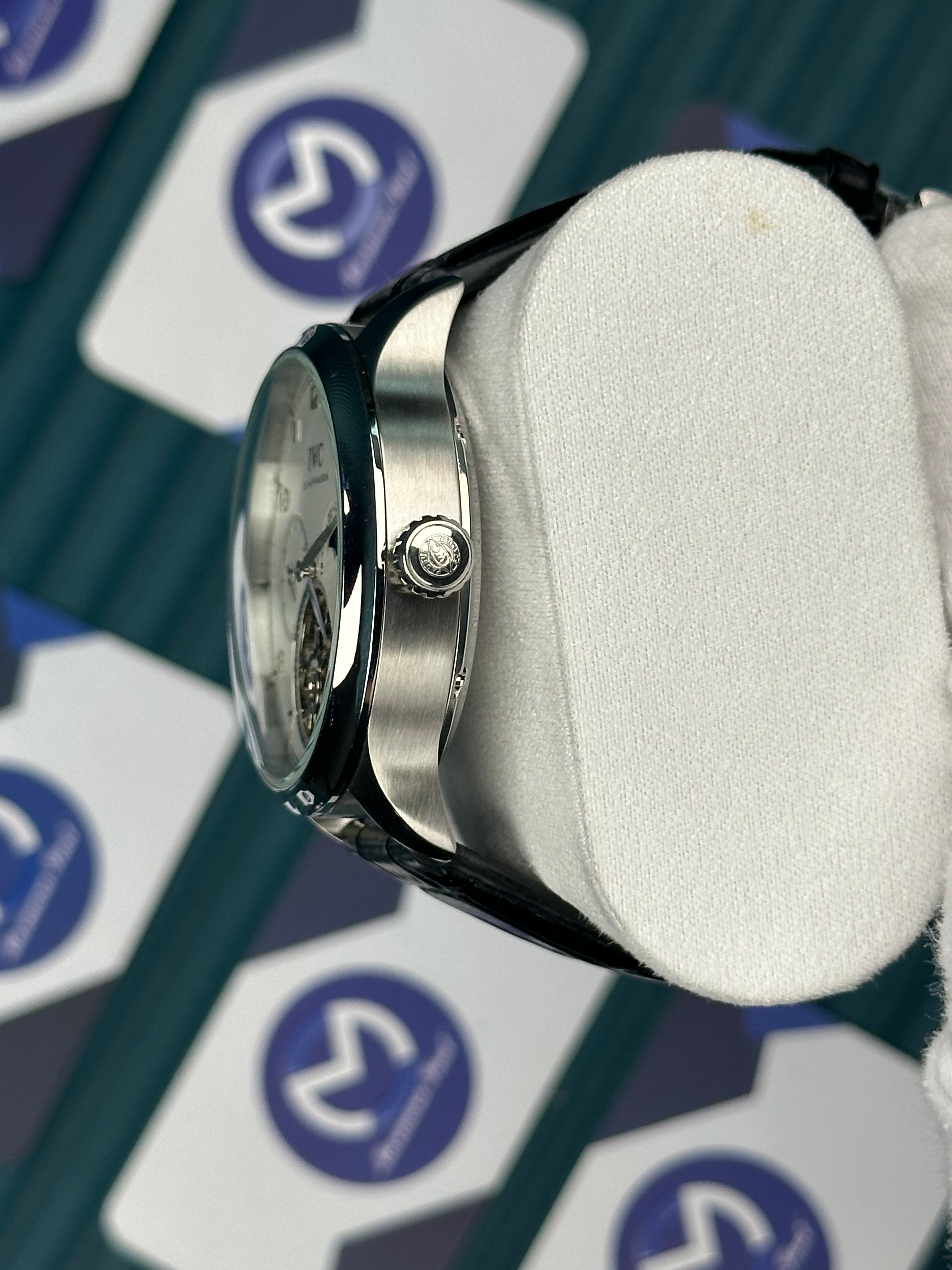 IWC PORTUGUESE TOURBILLON SILVER CASE WHITE DIAL BLACK CORD