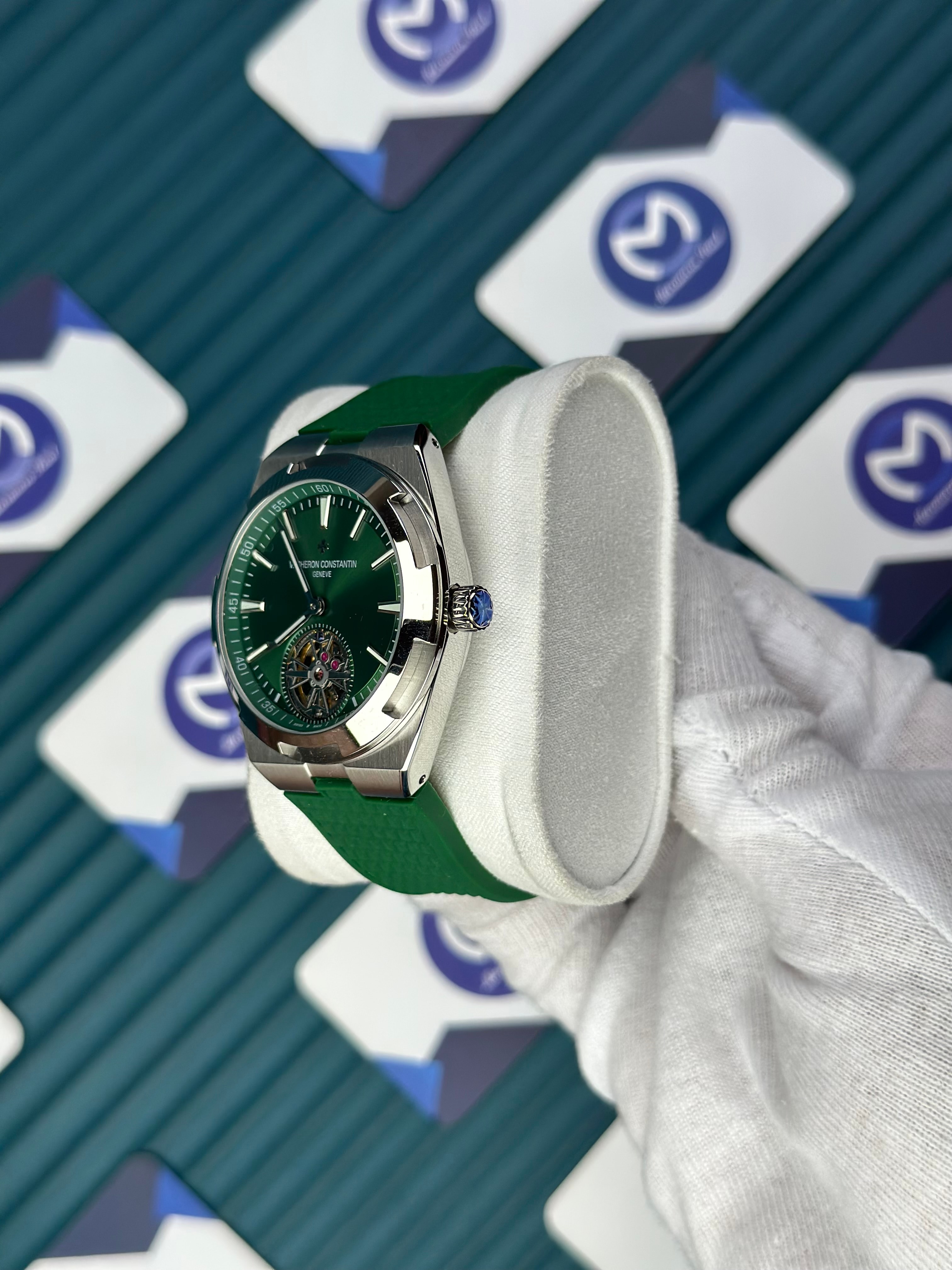 VACHERON CONSTANTIN GREEN DIAL SILVER CASE TOURBILLON OVERSEAS GREEN RUBBER