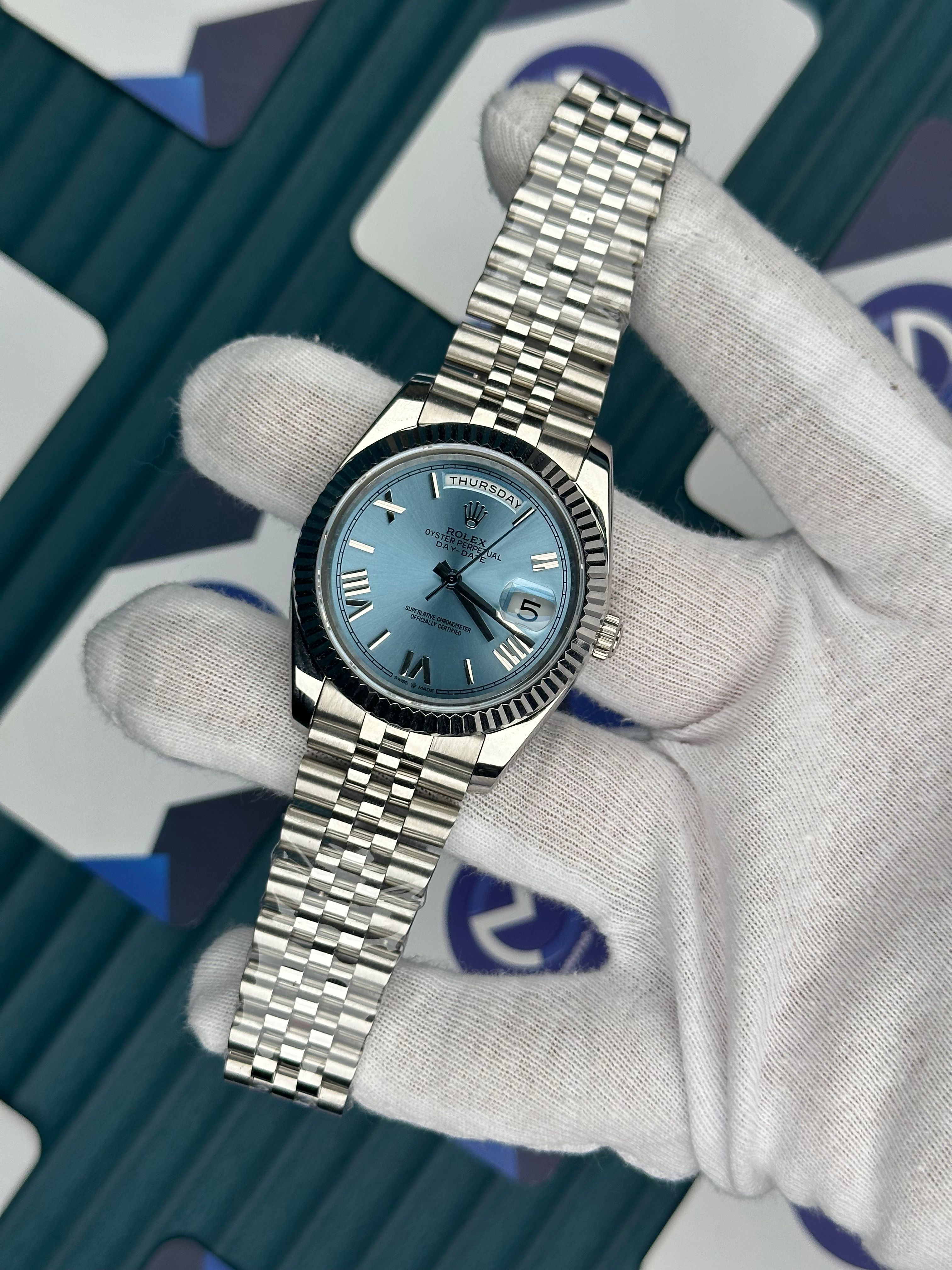 ROLEX DAYDATE ICE BLUE DIAL ROMA INDEX SILVER JUBILE