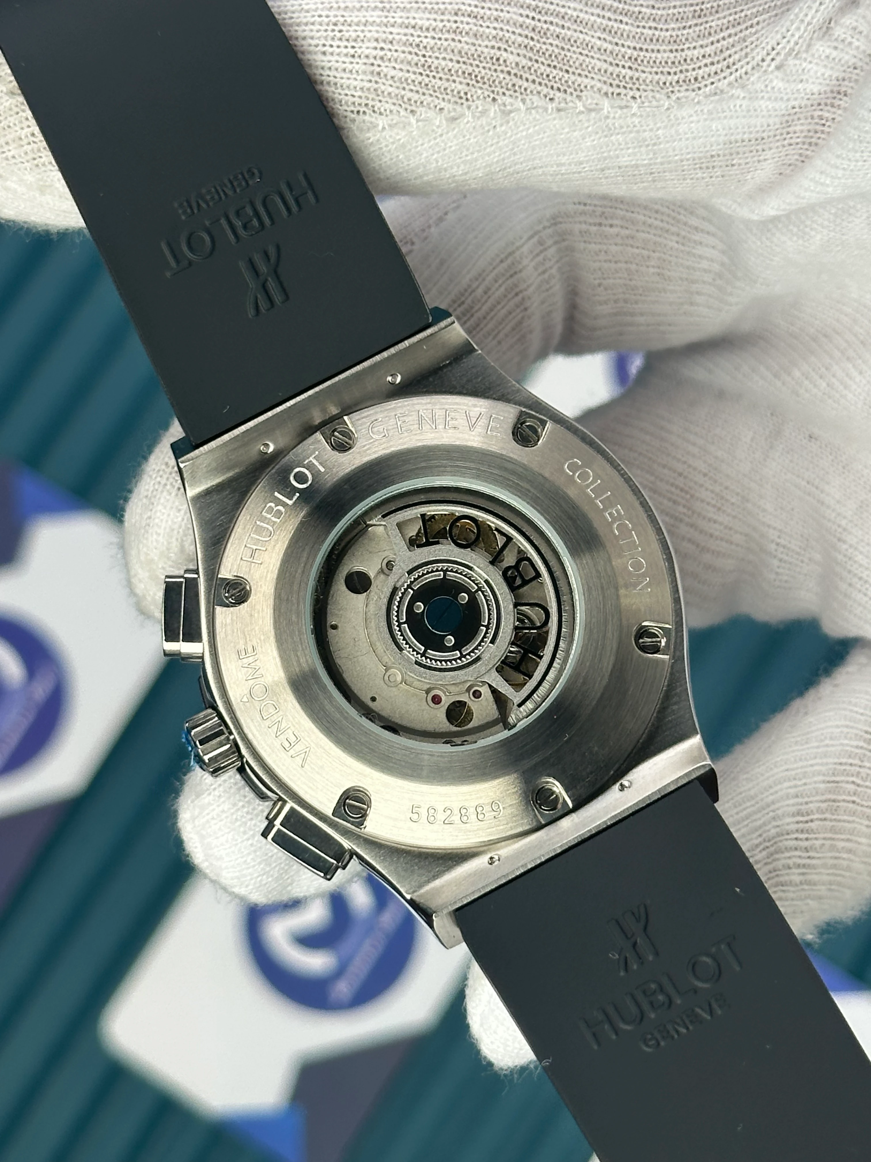 HUBLOT AUTOMATIC CHRONOGRAP SKELETON BLACK BEZEL SILVER CASE BLACK RUBBER CORD 