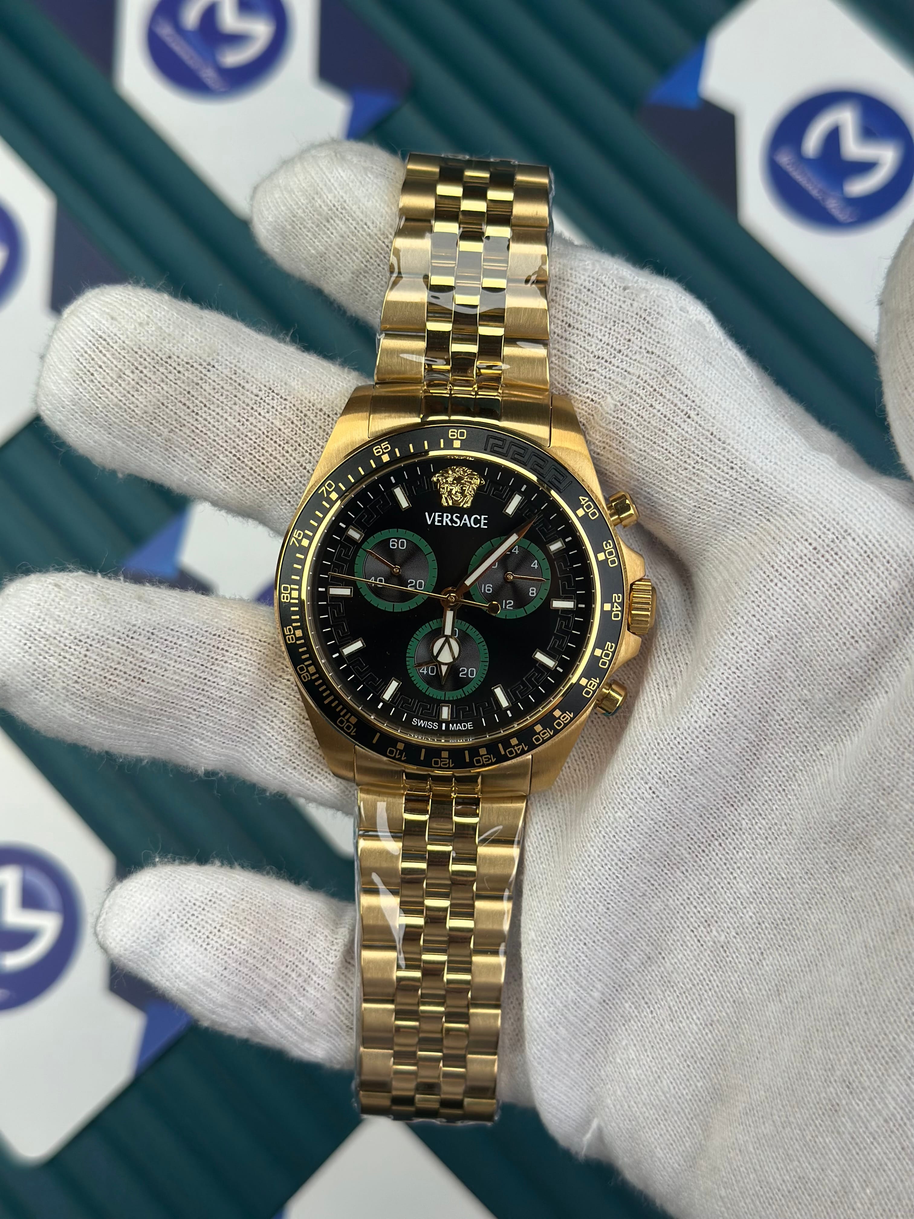 VERSACE NEW BLACK DIAL CHRONOGRAPH GOLD JUBILE