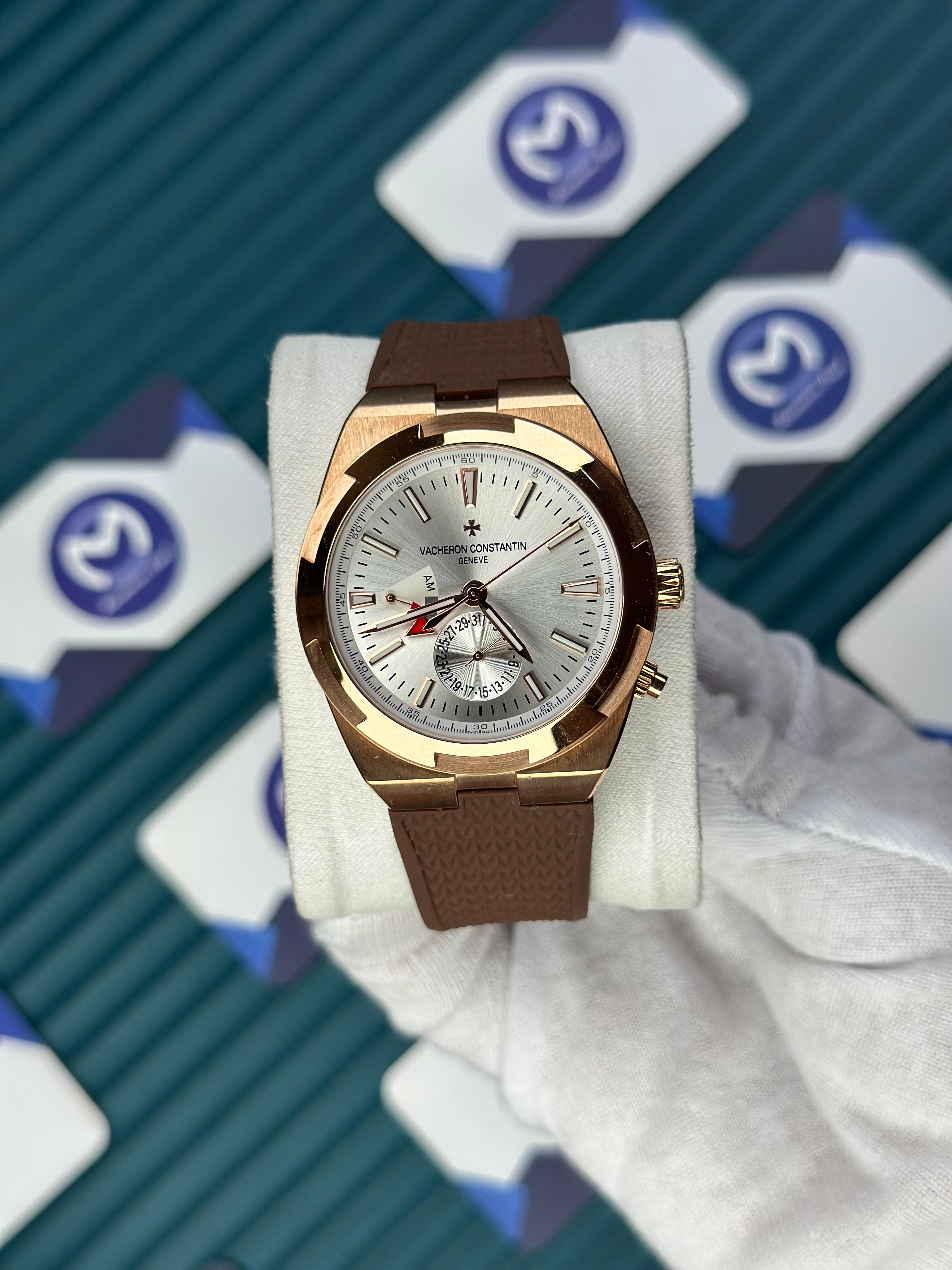 VACHERON CONSTANTIN WHITE DIAL ROSE CASE DUAL TIME OVERSEAS BROWN RUBBER