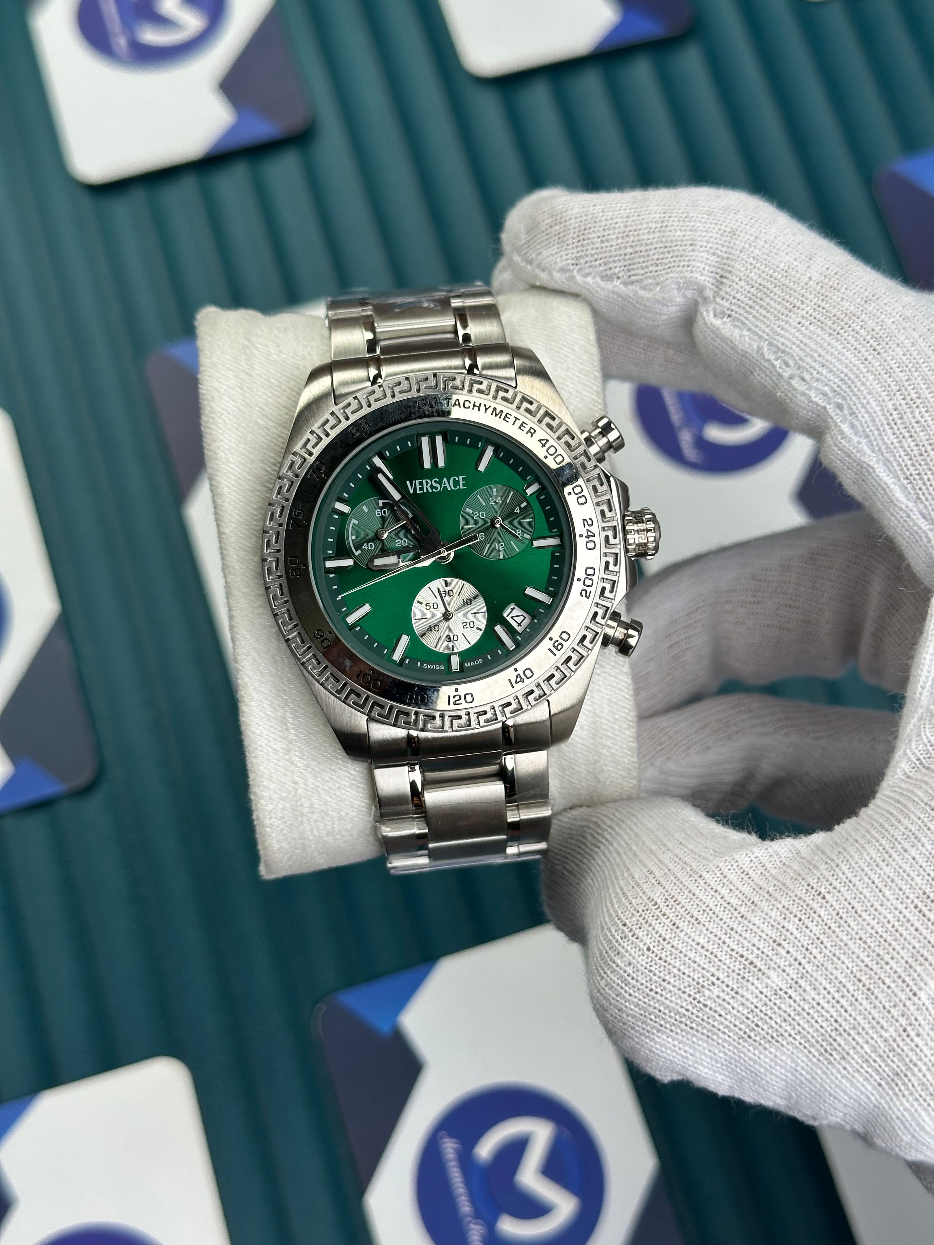 VERSACE GREEN DIAL CHRONOMOETER SILVER BEZEL AND CORD NEW SEASON