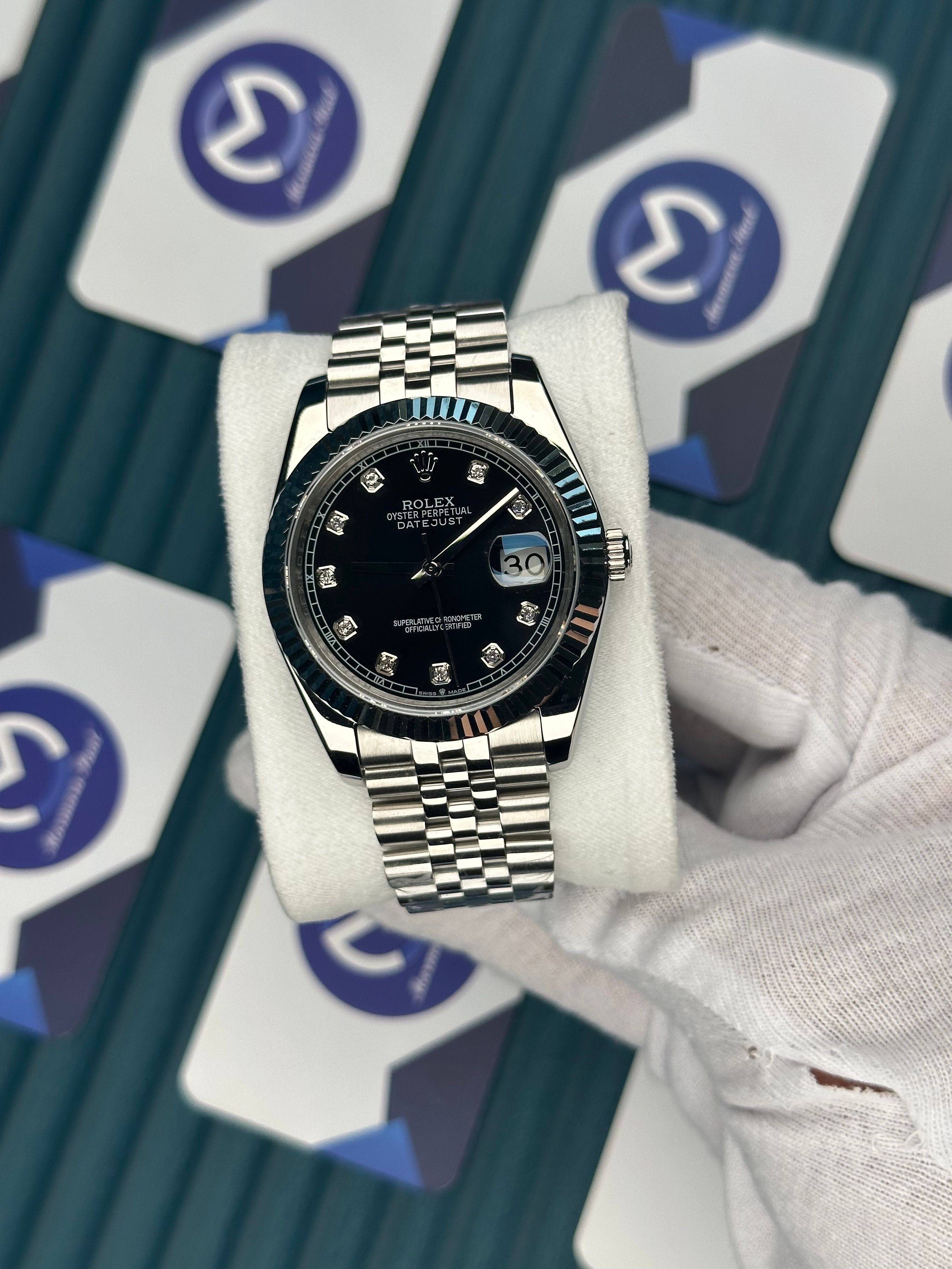 ROLEX DATEJUST BLACK DIAL DIAMOND INDEX SILVER JUBILE