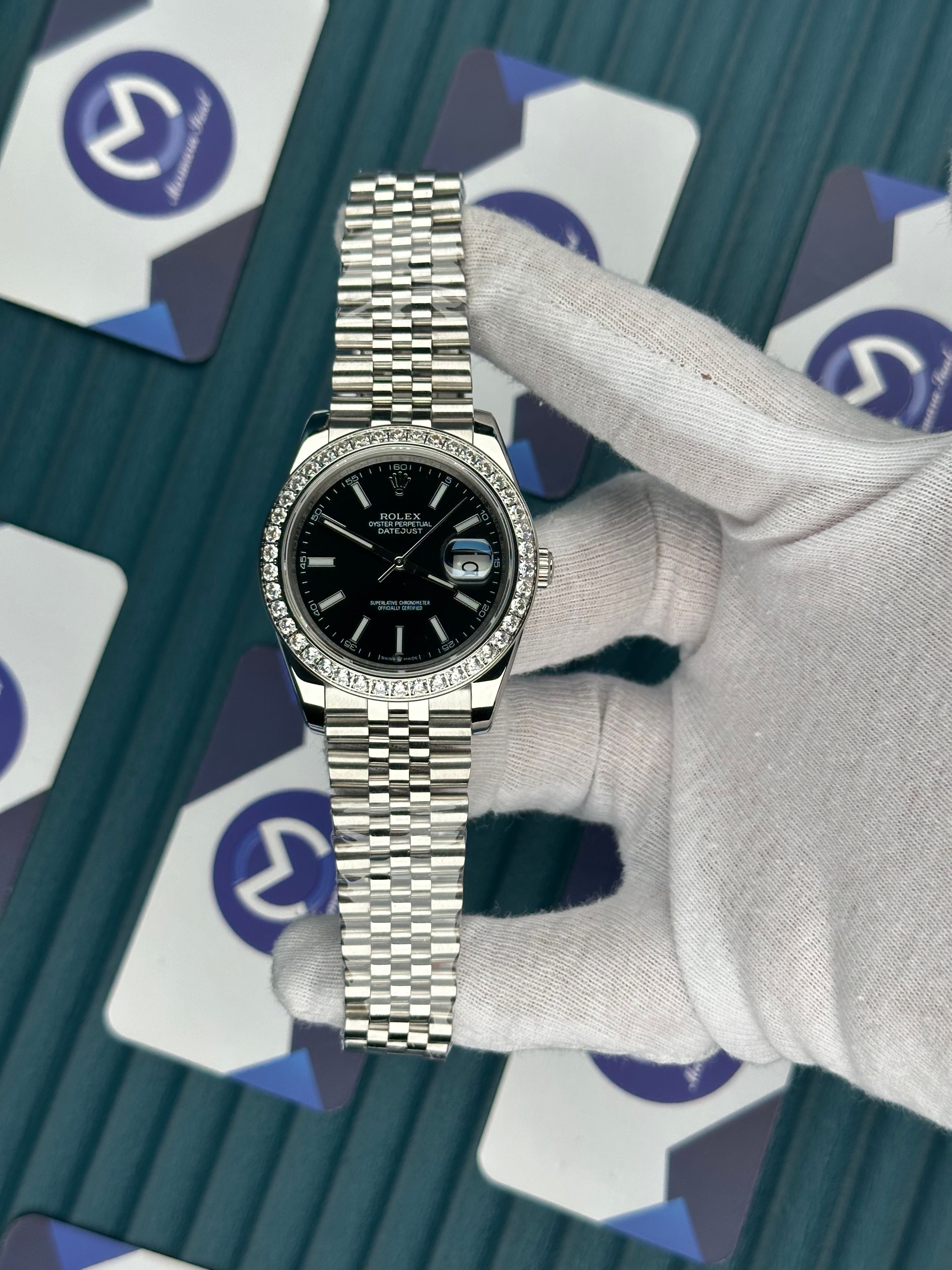ROLEX DATEJUST BLACK DIAL DIAMOND BEZEL SILVER JUBILE