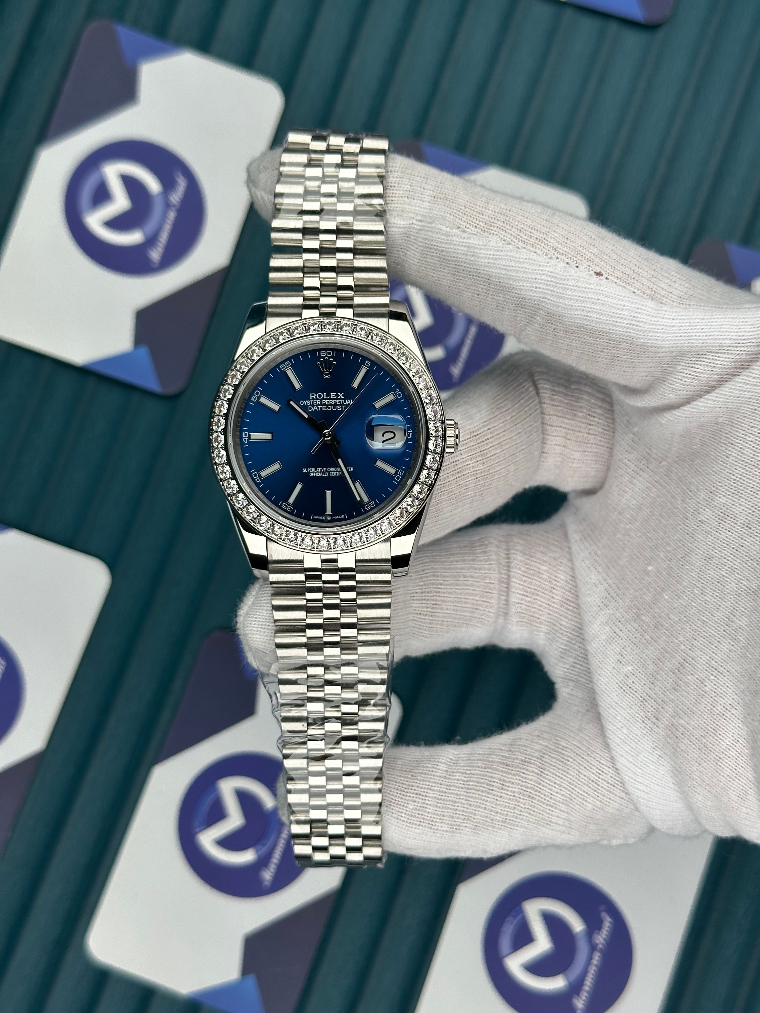ROLEX DATEJUST BLUE DIAL DIAMOND BEZEL SILVER JUBILE