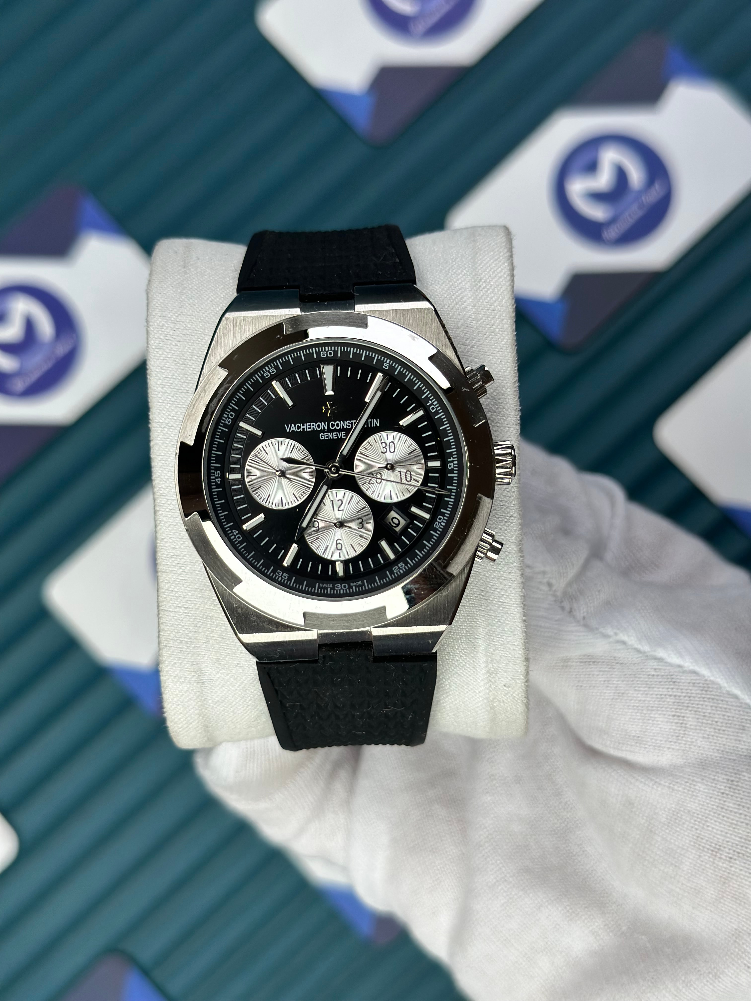 VACHERON CONSTANTIN BLACK DIAL SILVER CASE CHRONOGRAP BLACK RUBBER