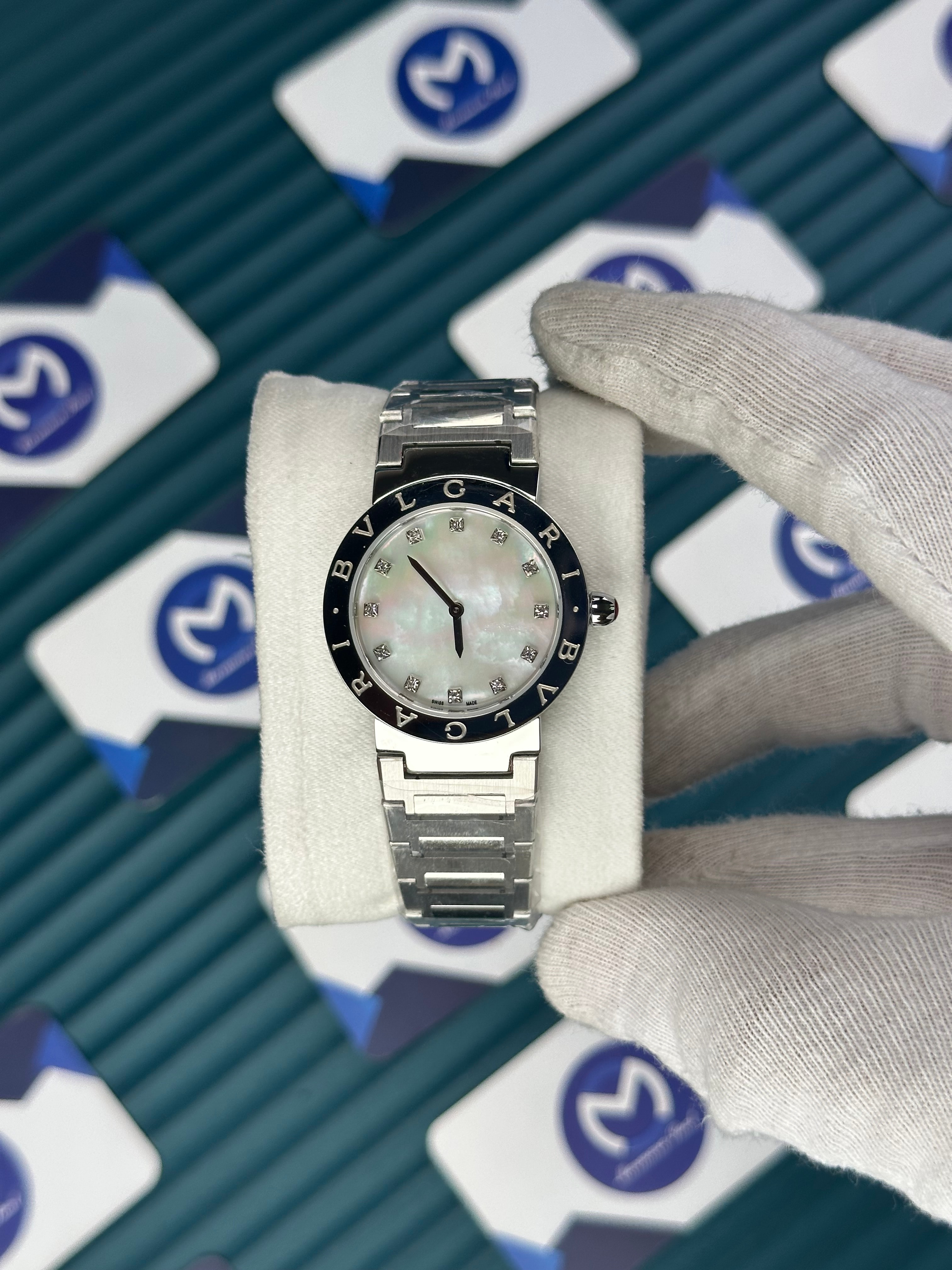 BVLGARI PEARLESCENT WHITE DIAL SILVER BEZEL DIAMOND INDEX SILVER CORD