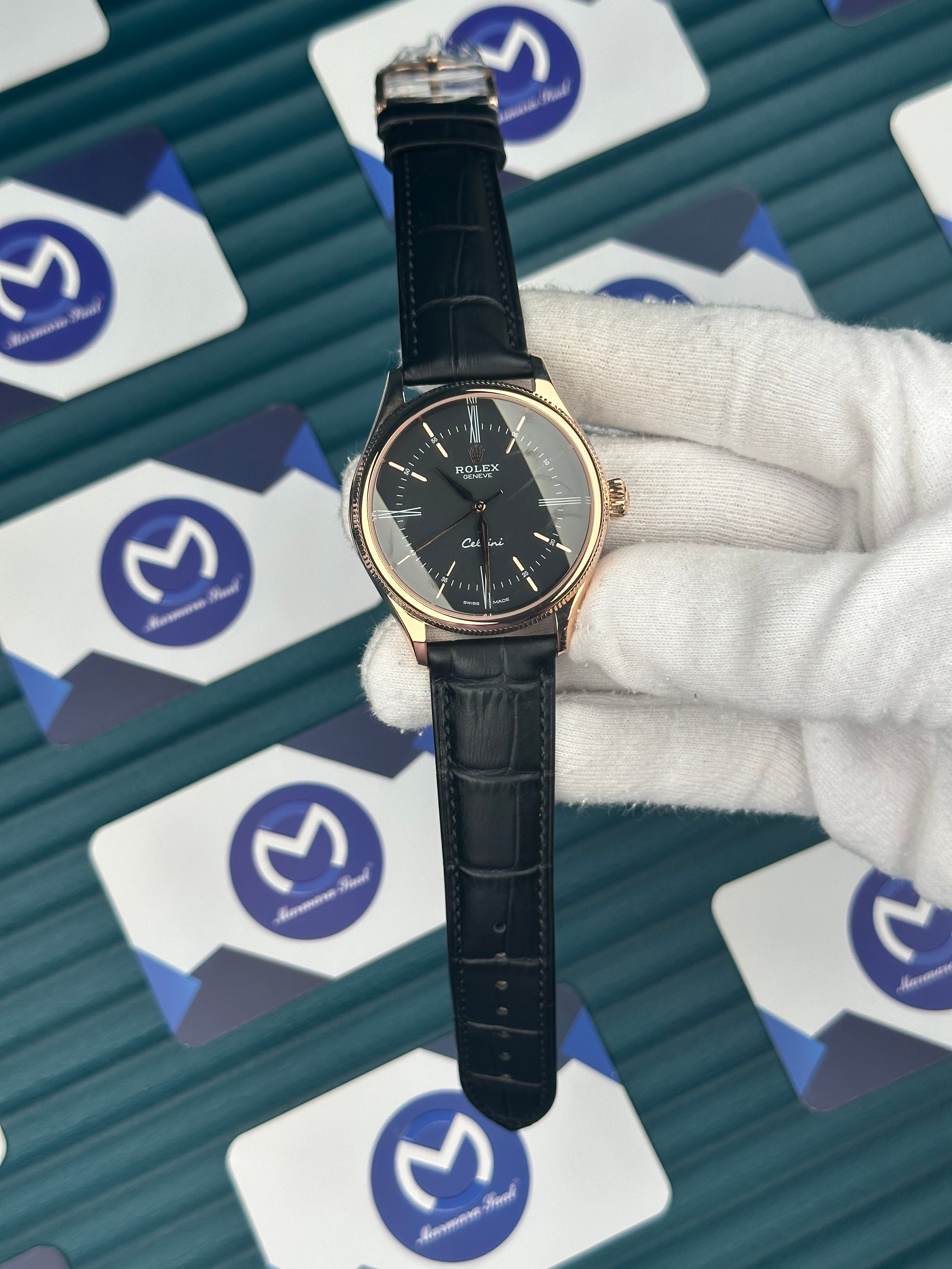 Rolex Cellini Rose Kasa Siyah Deri Kordon
