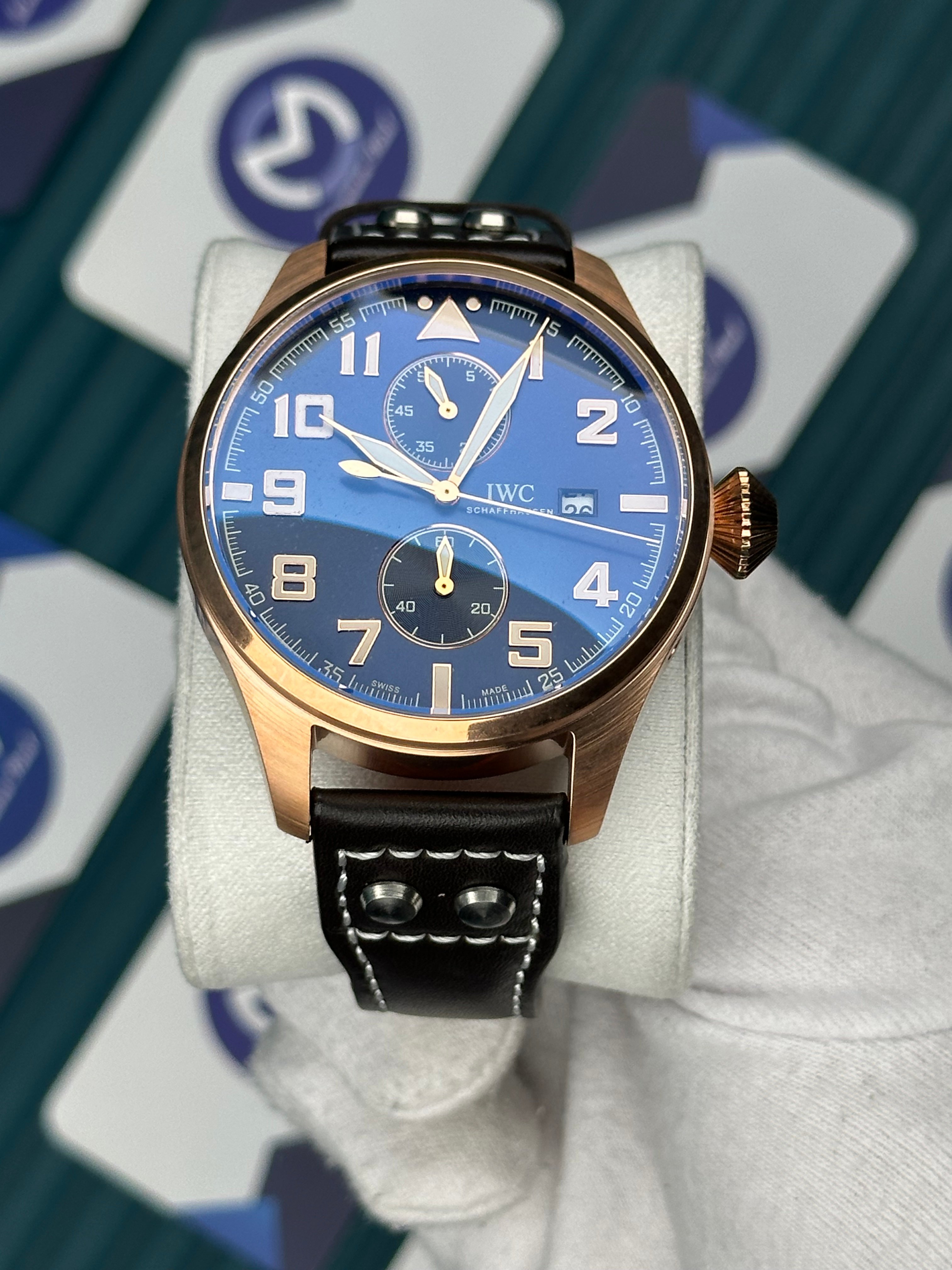 IWC Big Pilot Blue Dial Chronograph Rose Case Brown Cord