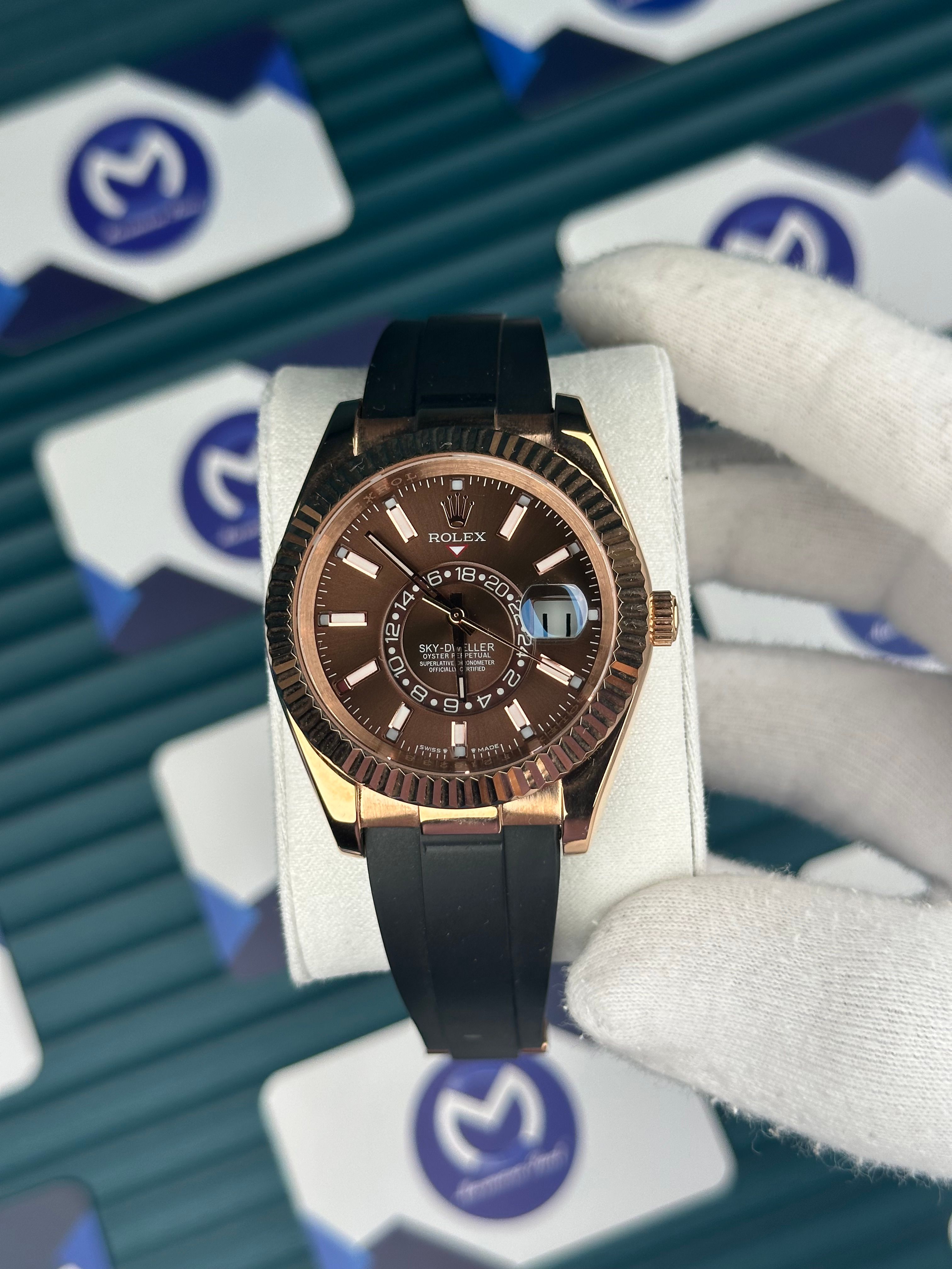 Rolex Sky Dweller Rose Gold Chocolate Oysterflex 