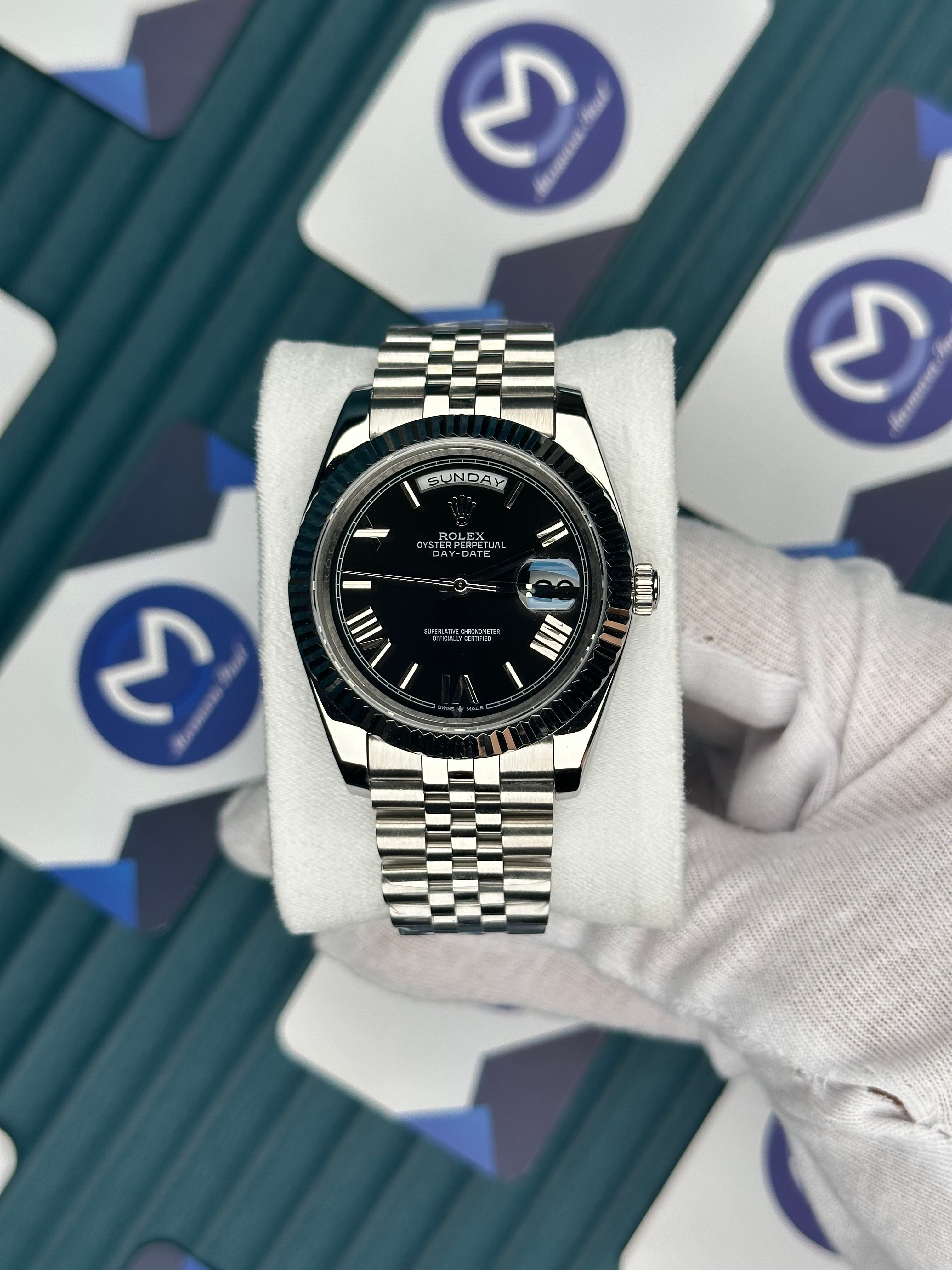 ROLEX DAY-DATE BLACK DIAL ROMA INDEX SILVER JUBILE