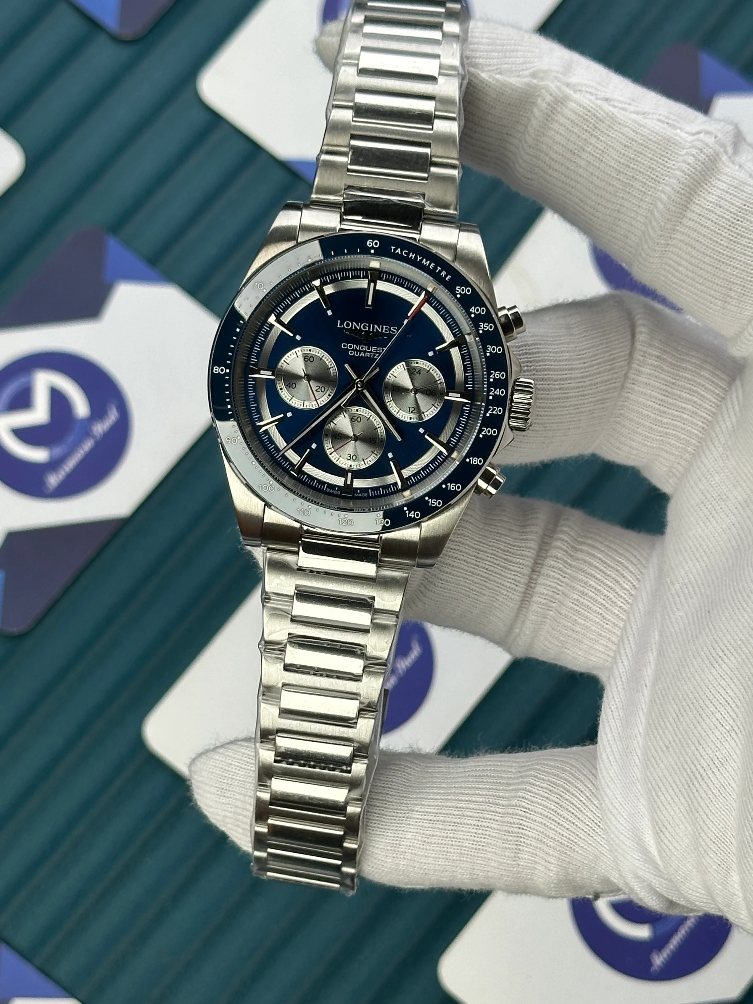 LONGINES CONQUEST CHRONOGRAPH BLUE DIAL SILVER 
