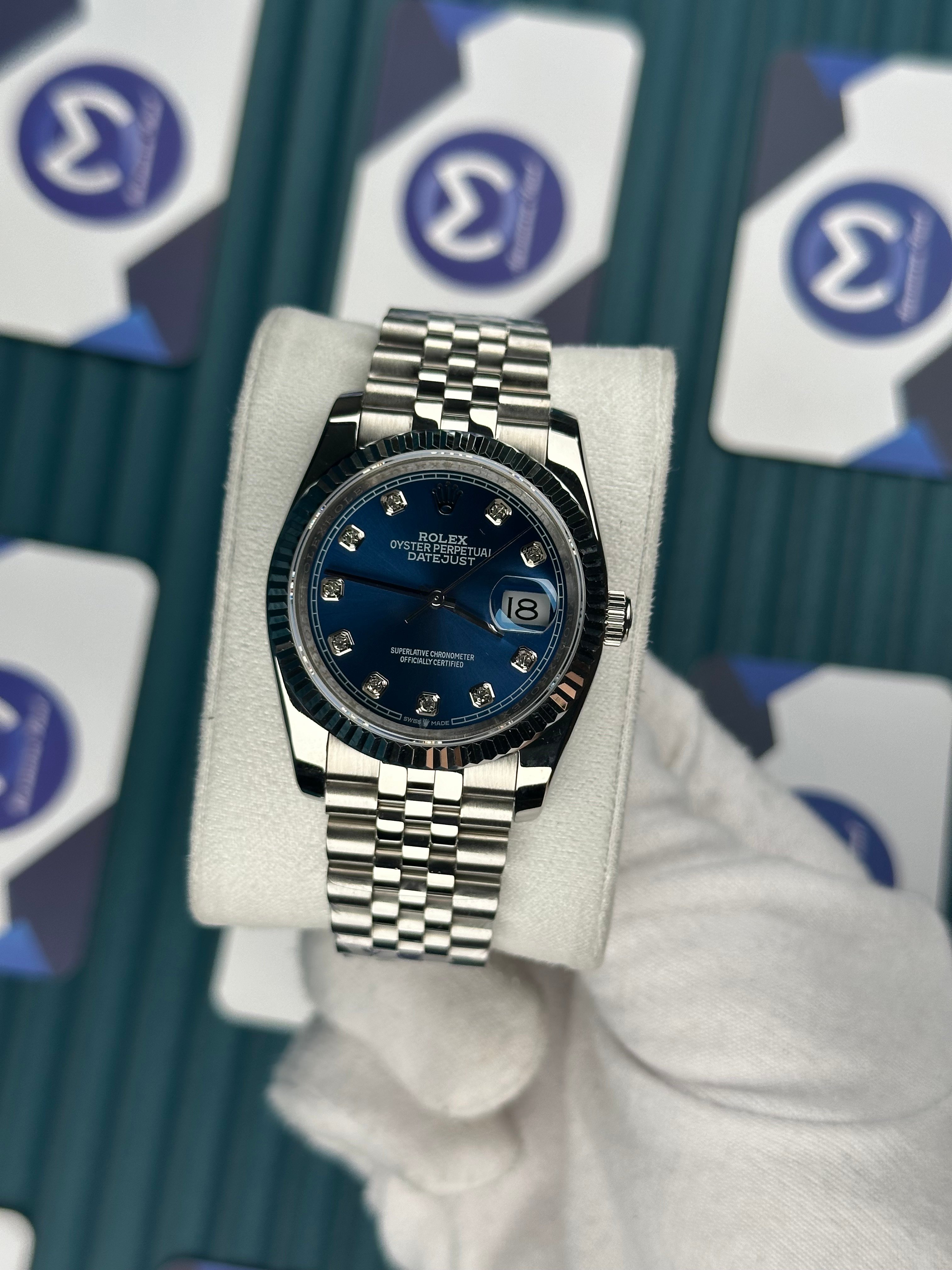 ROLEX 36 BLUE DIAL DIAMOND INDEX SILVER JUBILEE