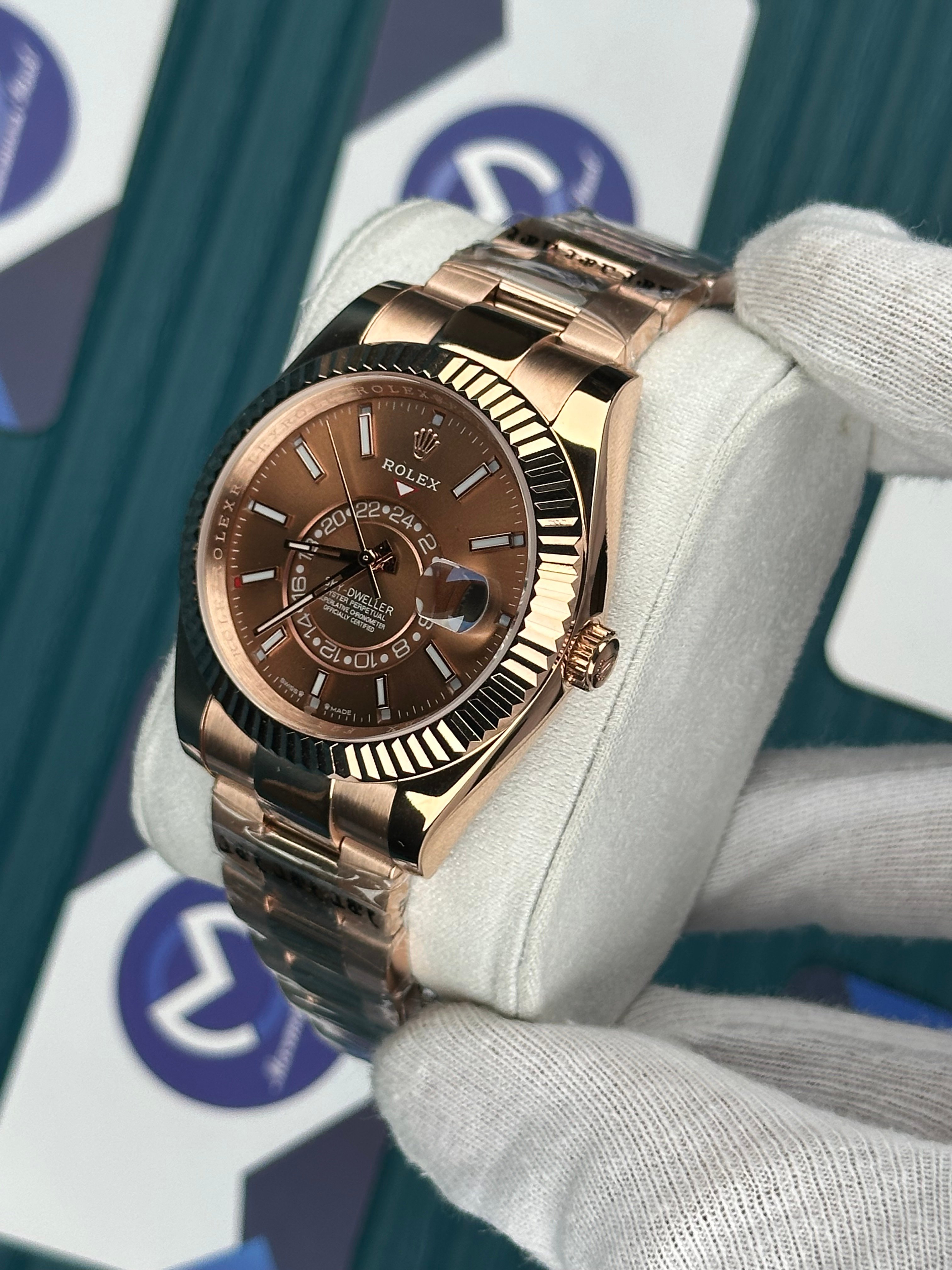 ROLEX SKY-DWELLER CHOCOLATE DIAL ROSE OYSTER