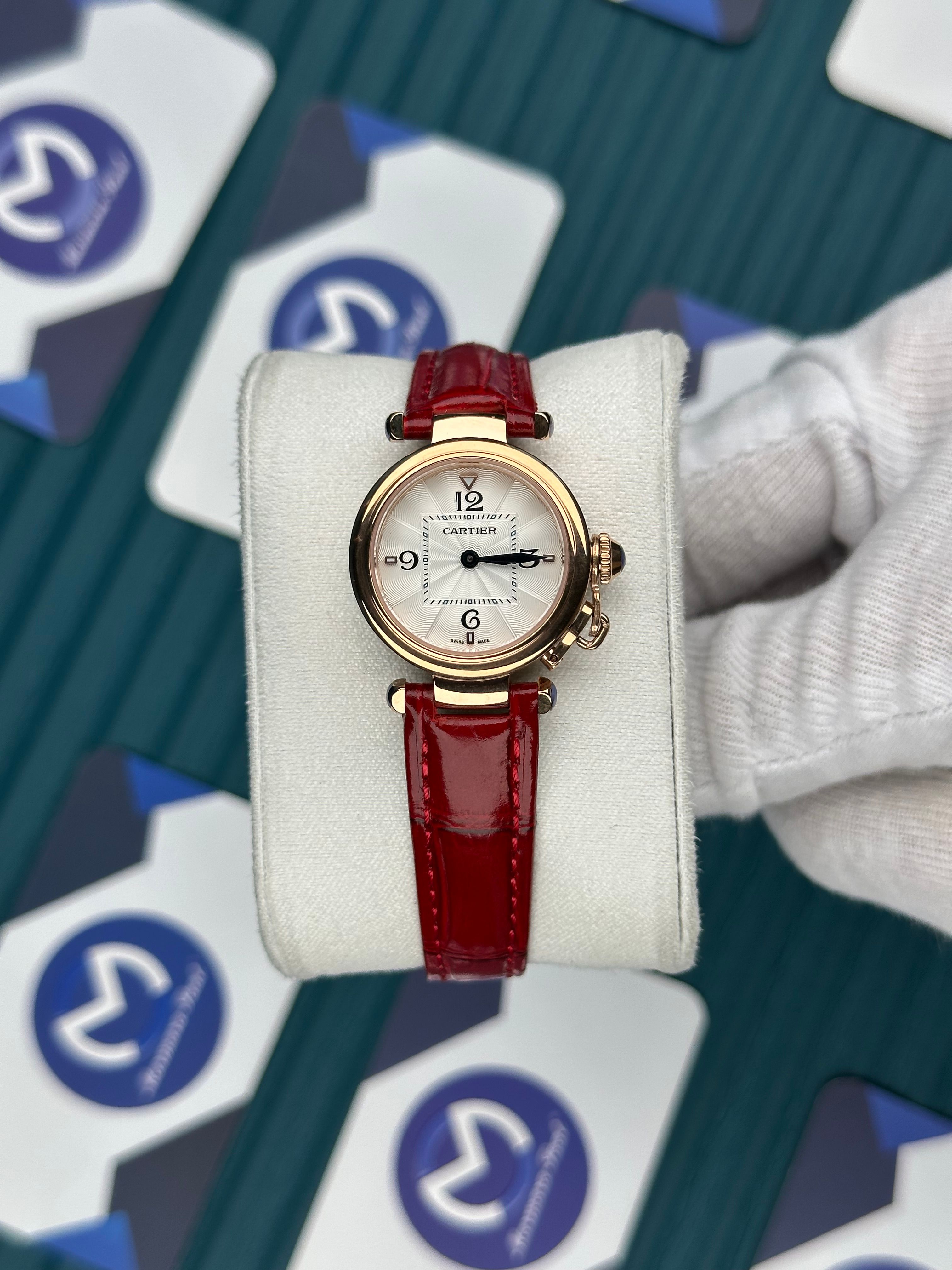 CARTIER PASHA DE CARTIER WHITE DIAL ROSE CASE RED LEATHER CORD