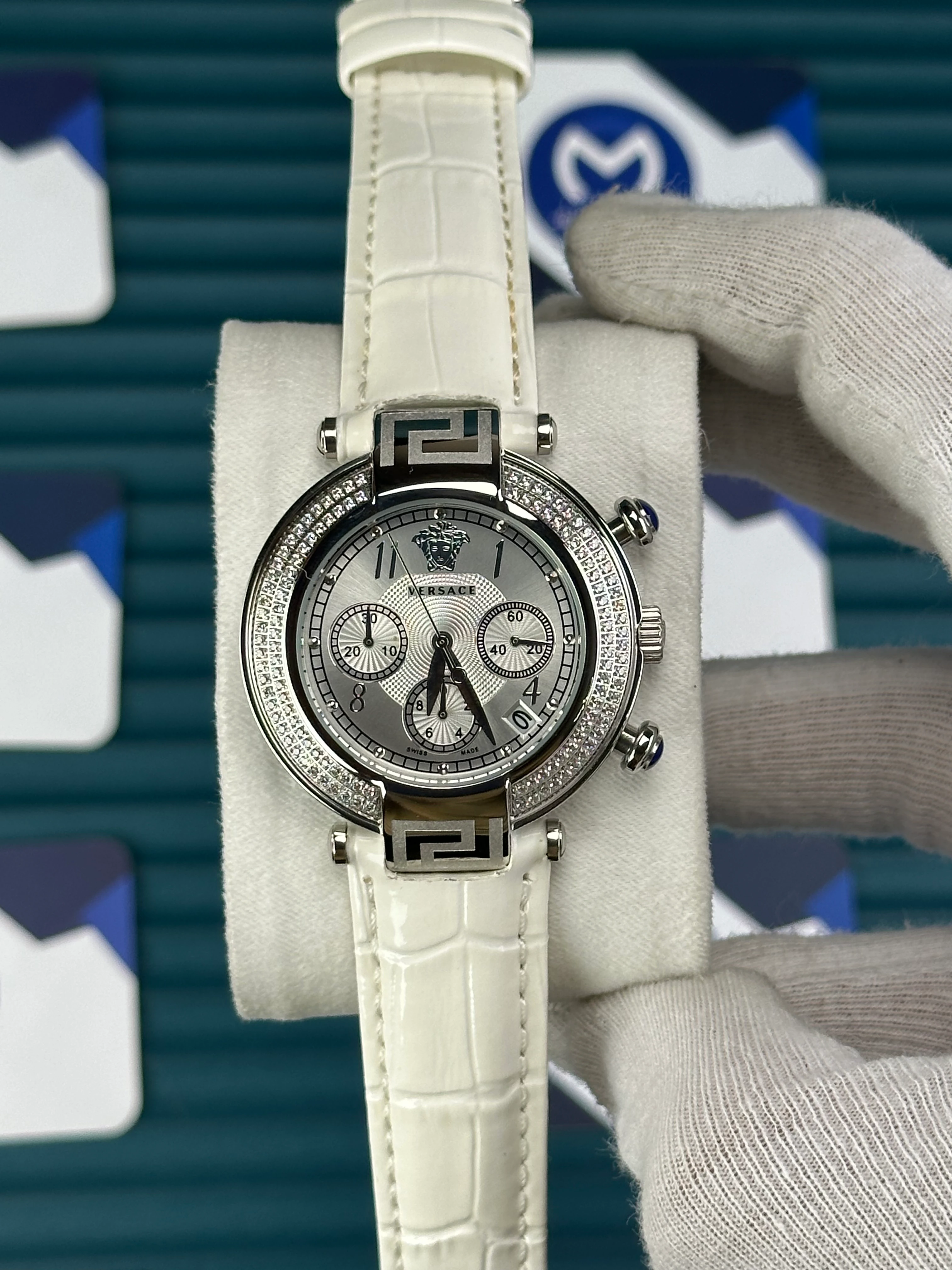 VERSACE 38 WHITE DIAL DIAMOND BEZEL SILVER CASE CHRONOGRAPH WHITE LEATHER CORD