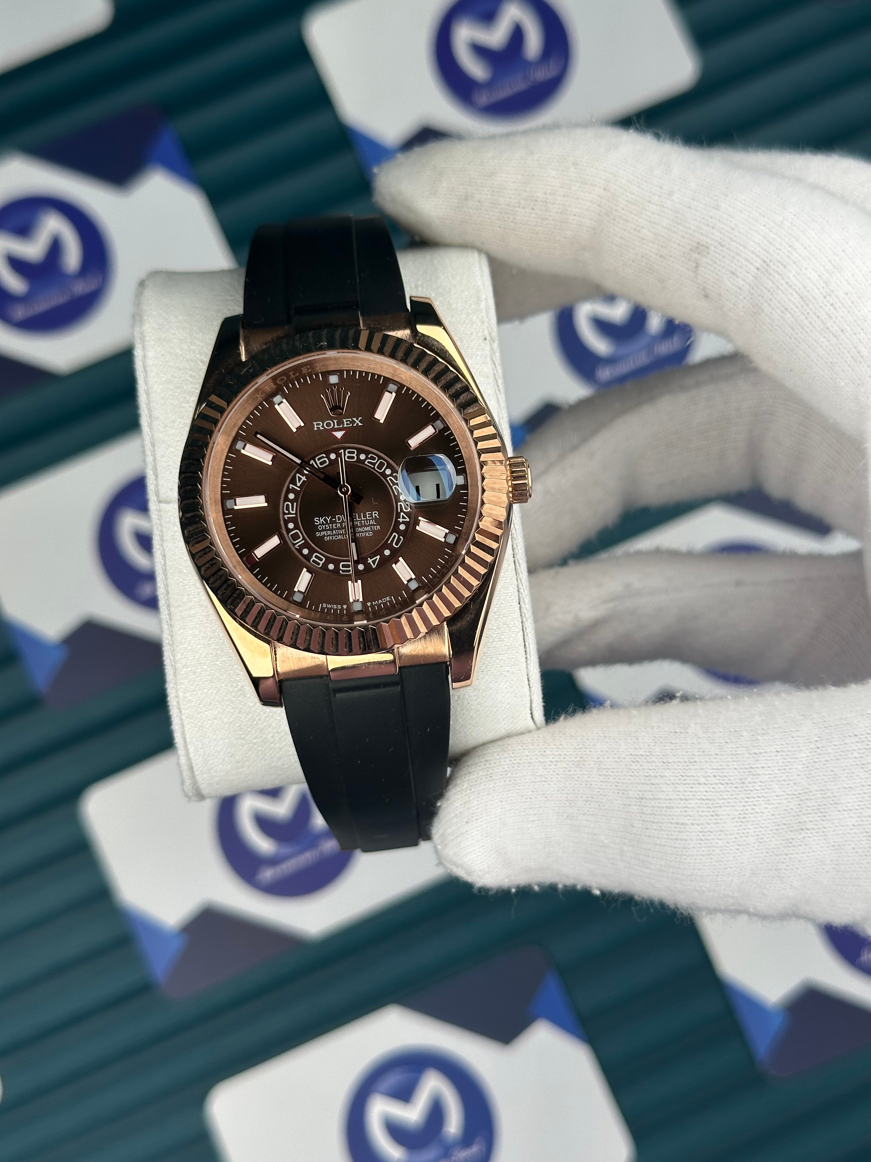 Rolex Sky Dweller Rose Gold Chocolate Oysterflex 