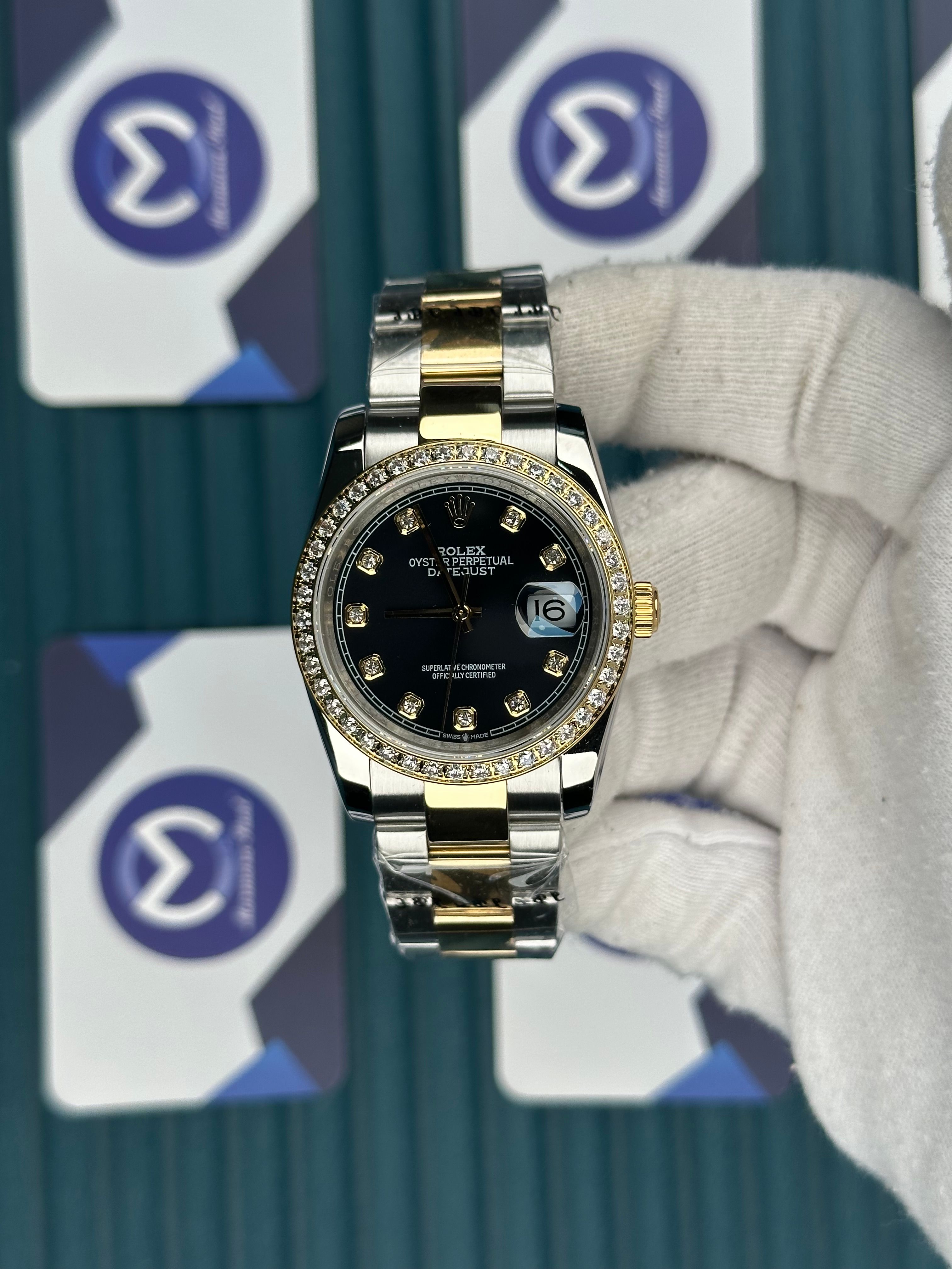 ROLEX 36 SİYAH KADRAN PIRLANTA BEZEL INDEX GOLD-SILVER OYSTER