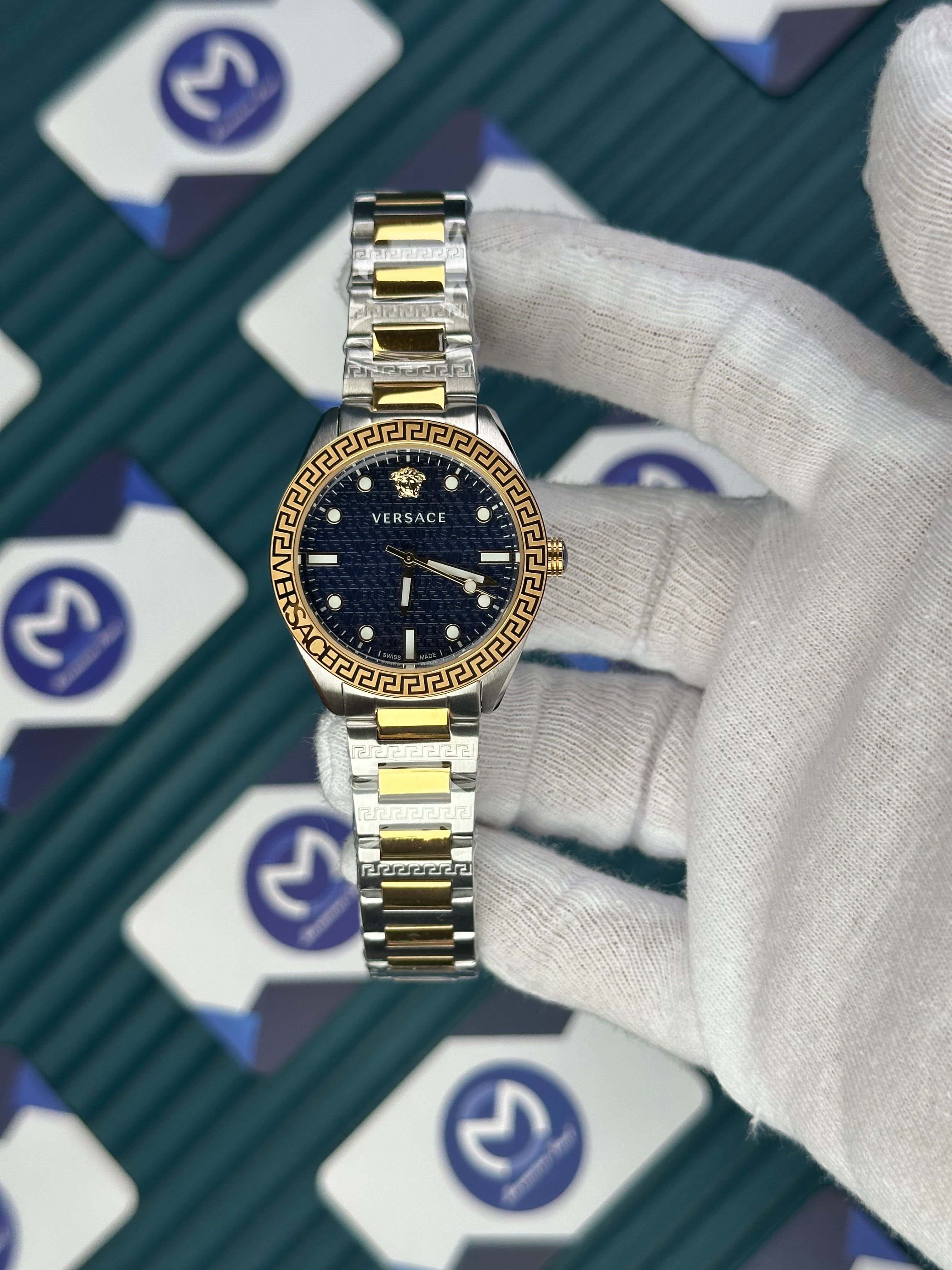 VERSACE 36 MOZAIK BLUE DIAL GOLD-SILVER CORD