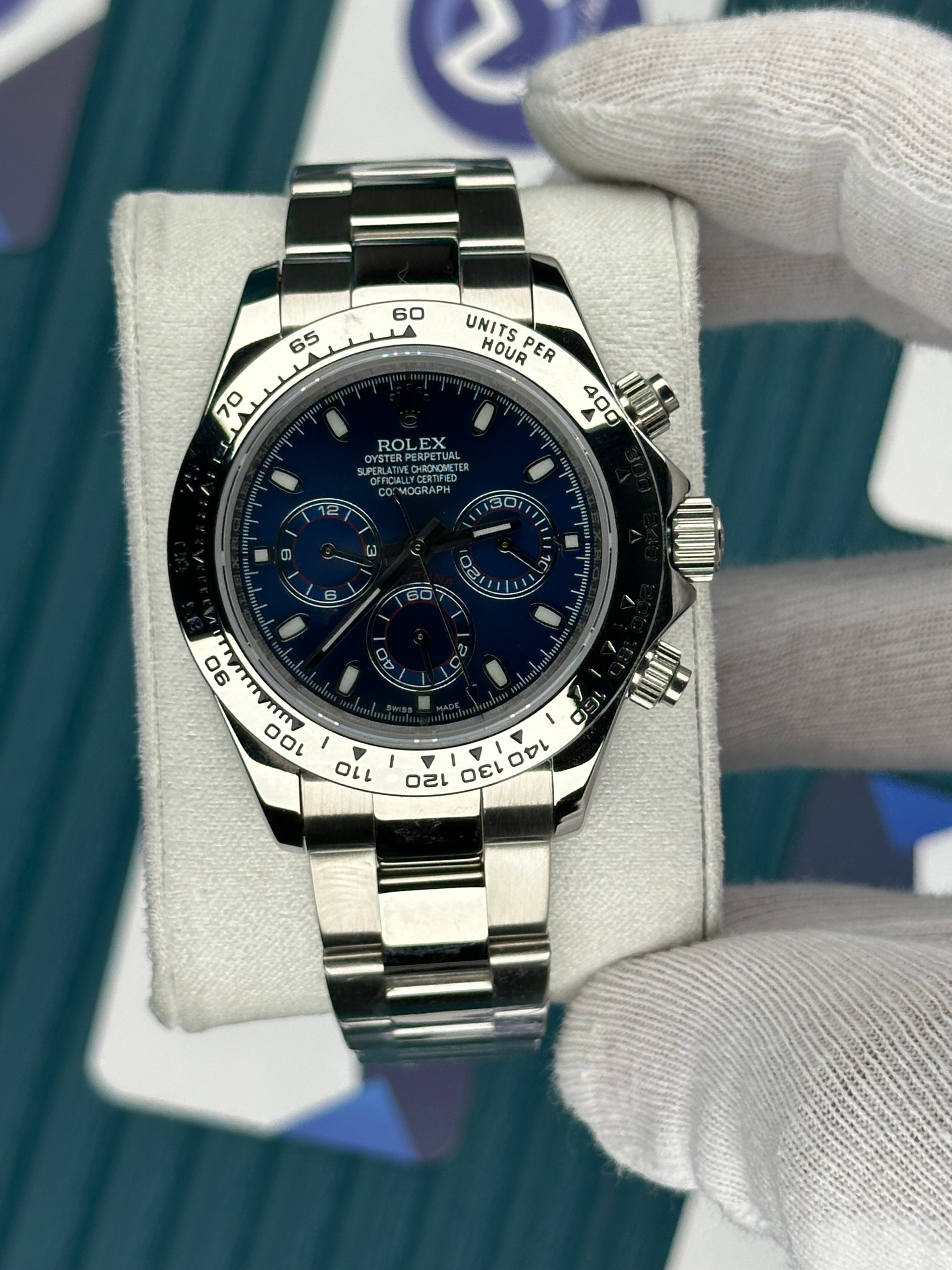 ROLEX DAYTONA BLUE DIAL SILVER BEZEL SILVER OYSTER