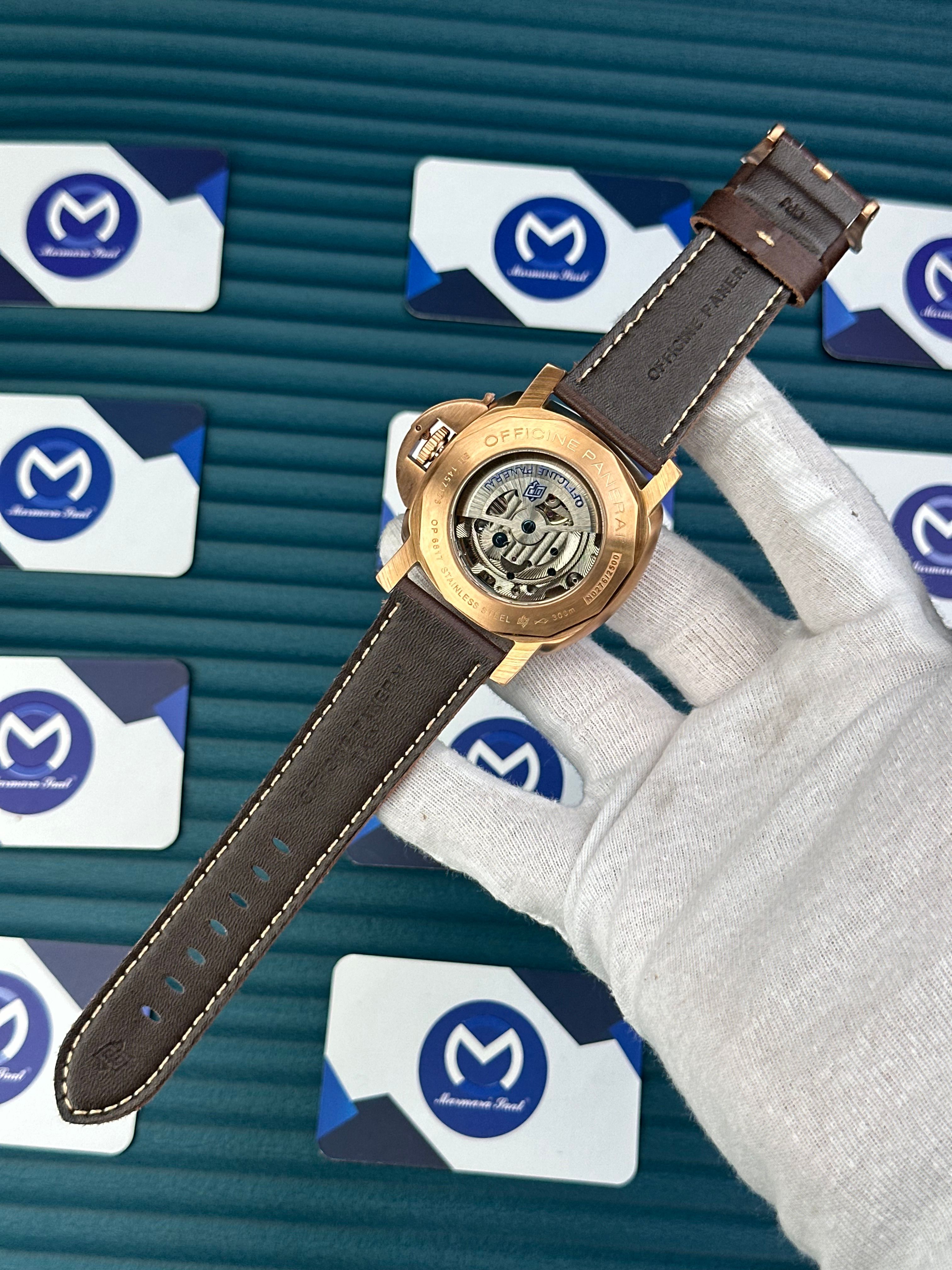 LUMINOR SUBMERSIBLE PANERAI BLUE DIAL ROSE CASE BROWN LEATHER CORD