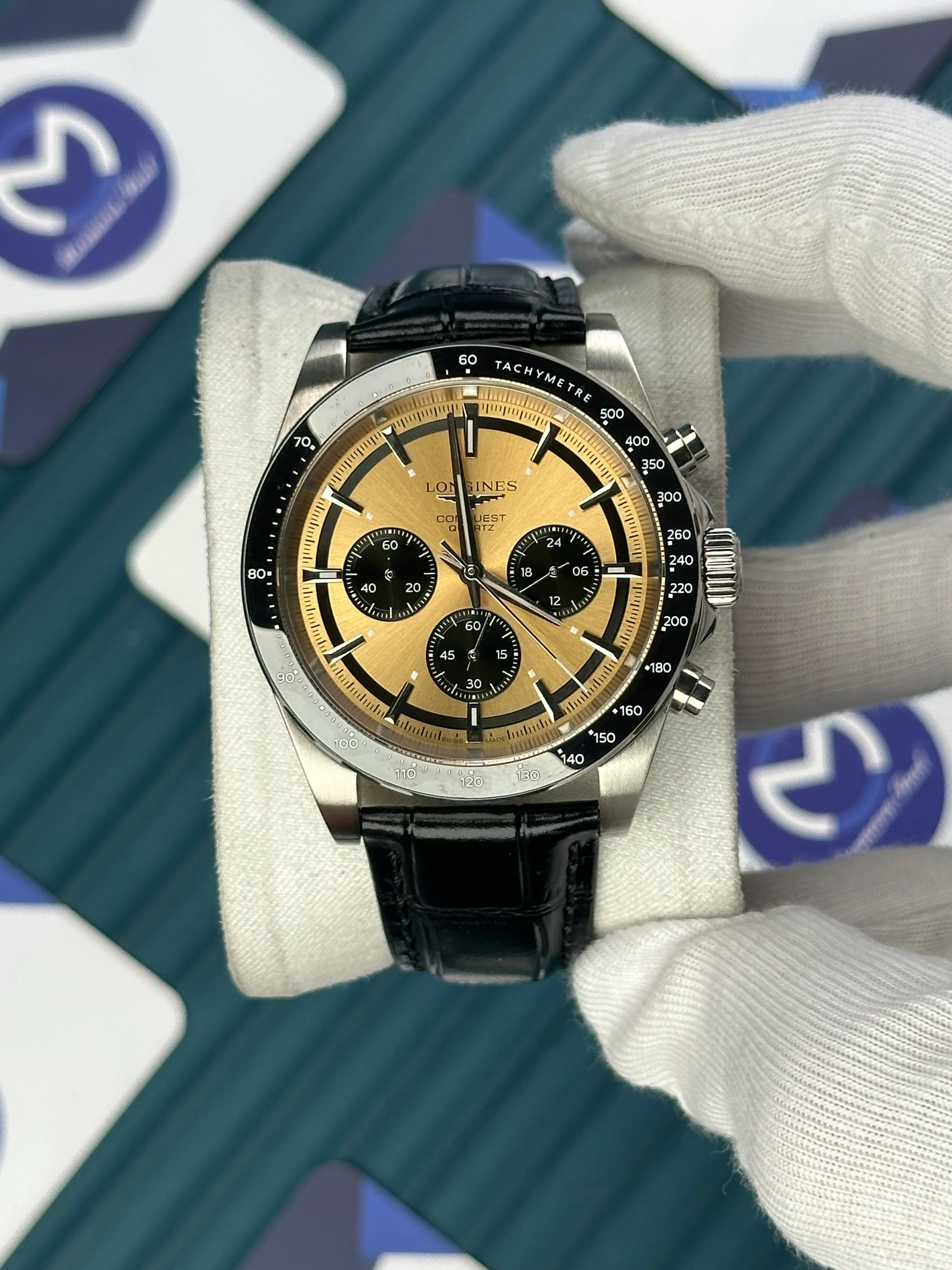 LONGINES CONQUEST CHRONOGRAPH AUTOMATIC GOLD REFLECTED DAYLIGHT DIAL BLACK LEATHER 